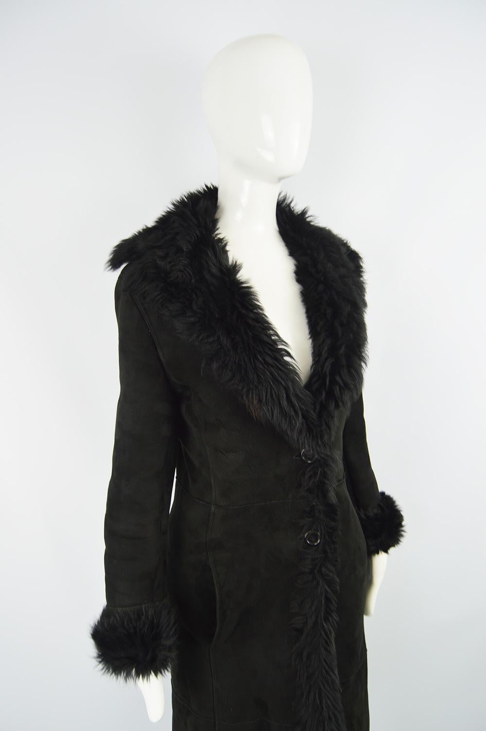 Gianni Versace Vintage Shearling Sheepskin Long Black Coat, 1990s 1