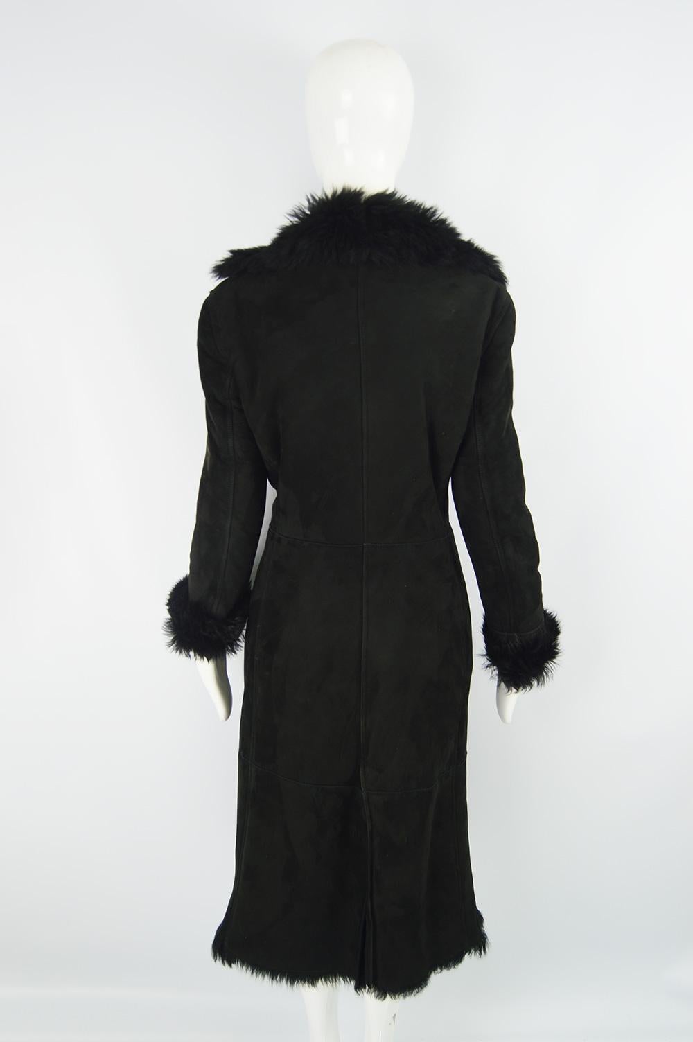 Gianni Versace Vintage Shearling Sheepskin Long Black Coat, 1990s 2