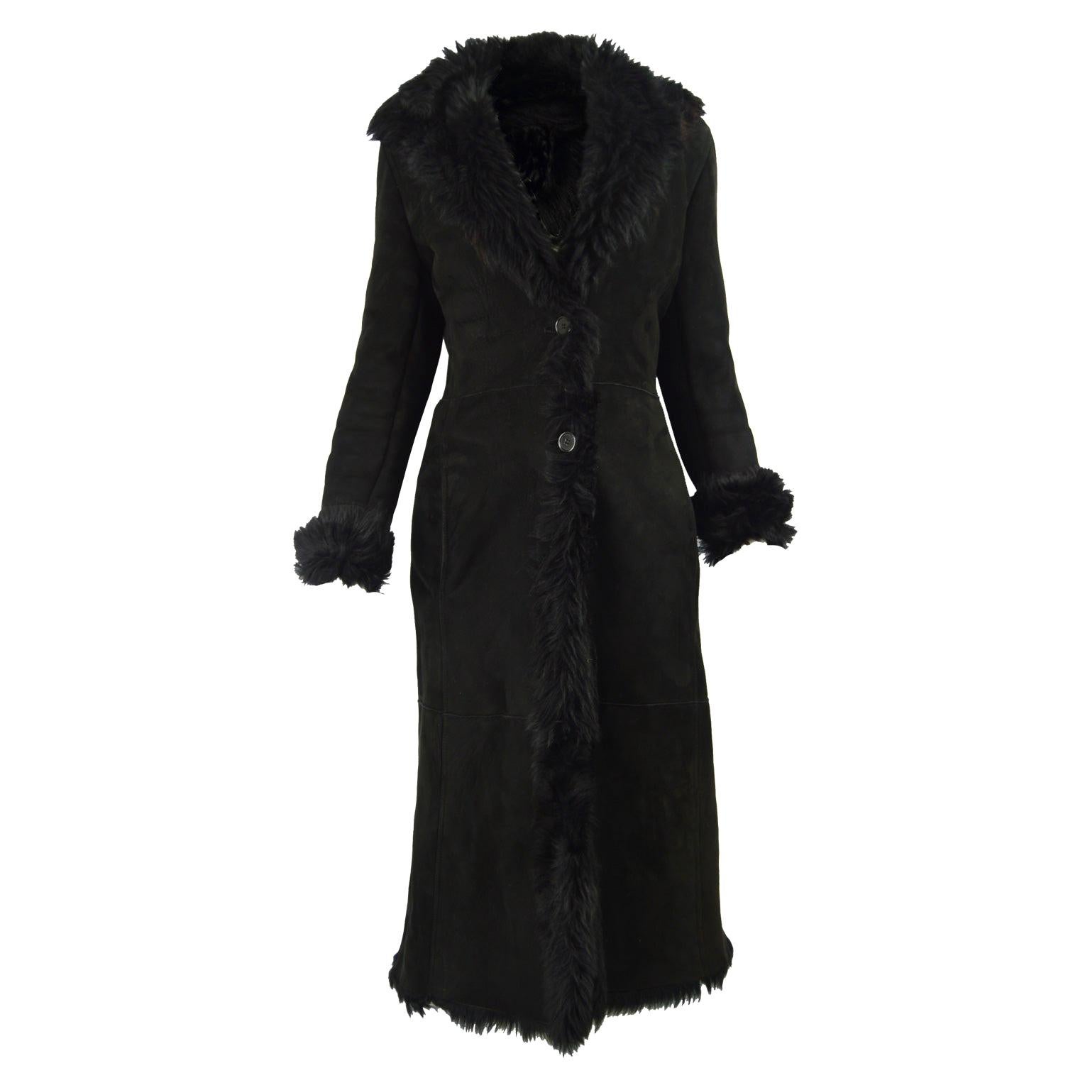 Gianni Versace Vintage Shearling Sheepskin Long Black Coat, 1990s