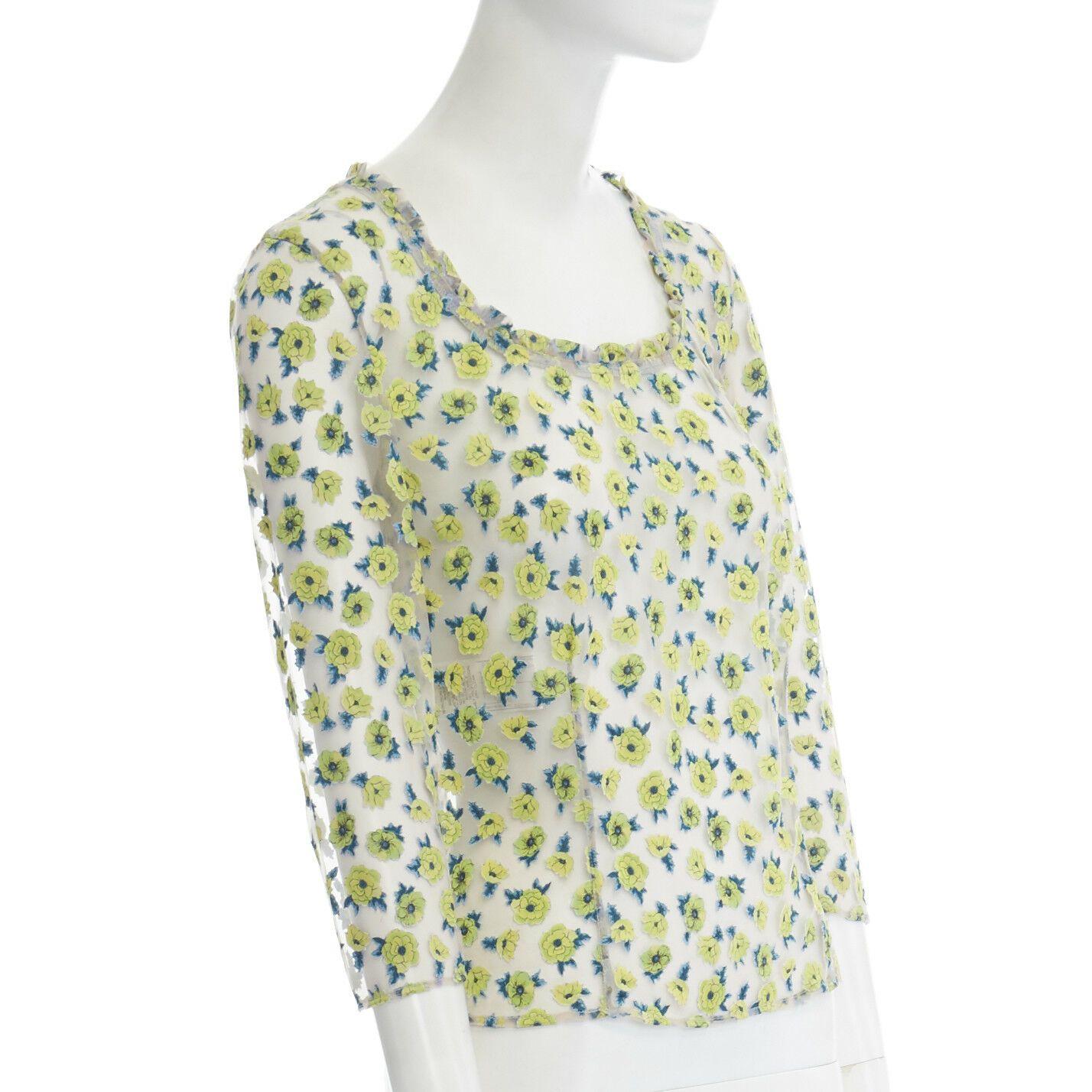 GIANNI VERSACE Vintage SS96 green floral sheer devore cropped sleeve top IT40 S In Excellent Condition In Hong Kong, NT