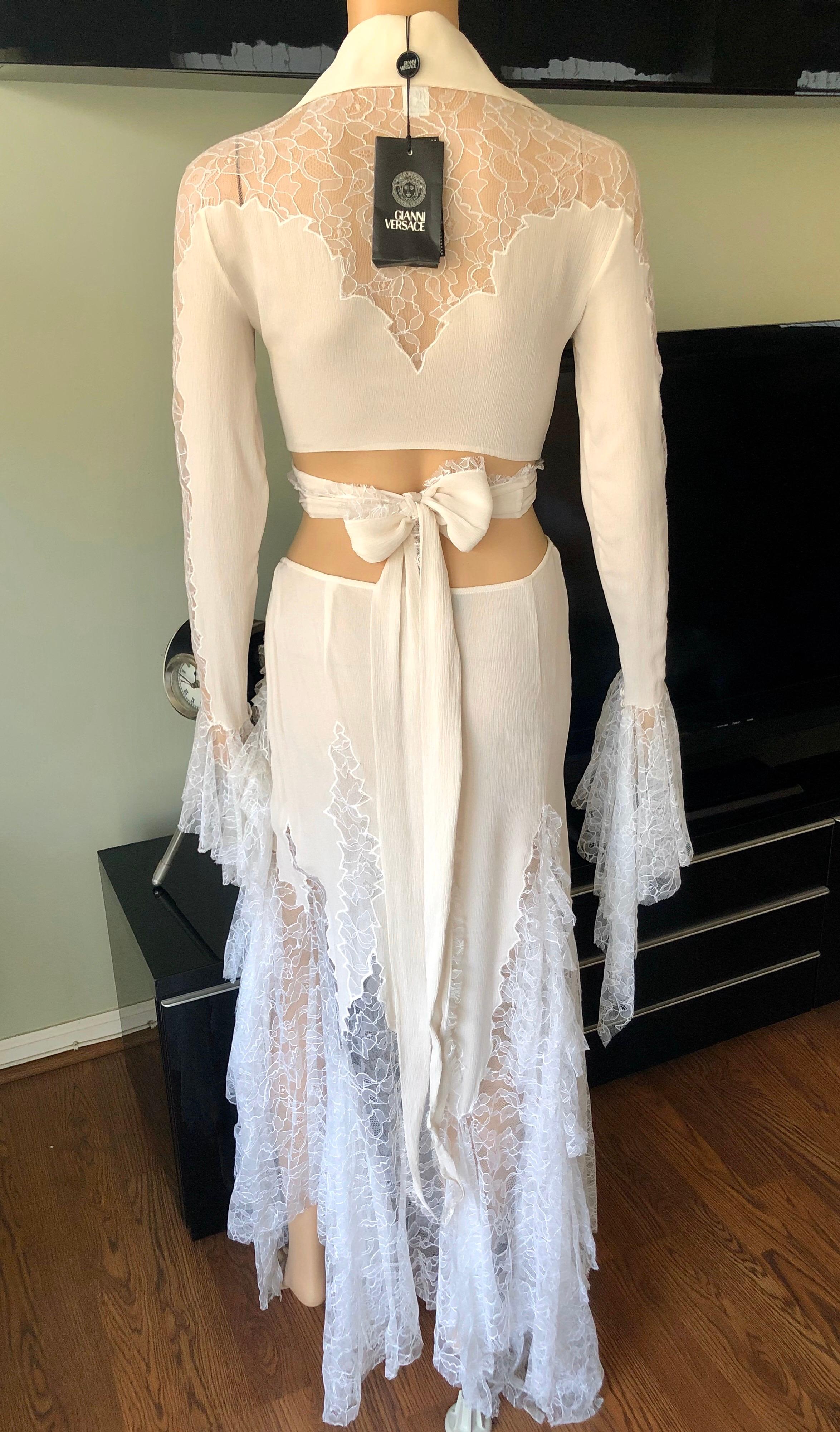 Gianni Versace Vintage Unworn Sheer Lace Panels Silk Top and Skirt 2 Piece Set  In New Condition In Naples, FL