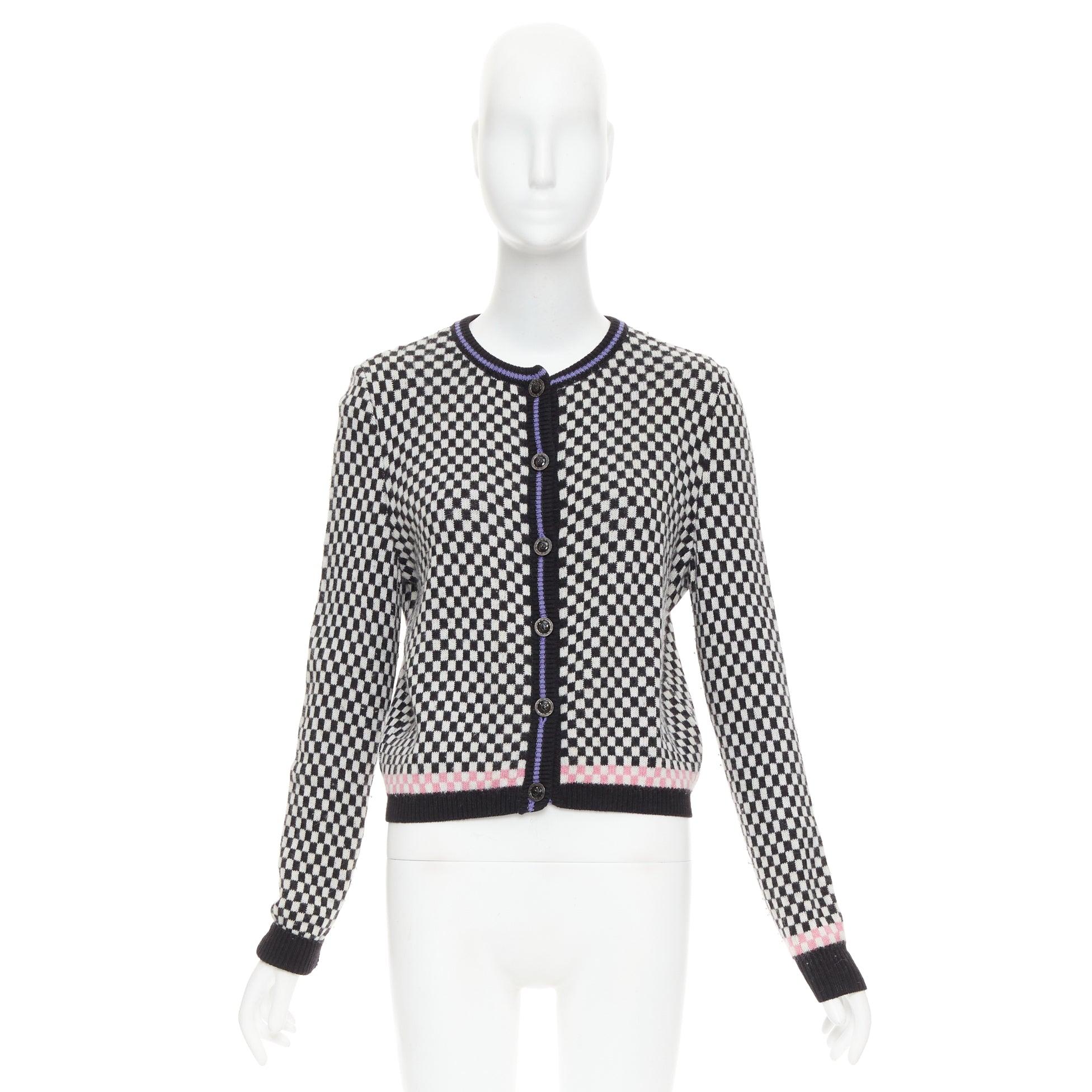 Black GIANNI VERSACE Vintage wooly checkered pink purple trim cardigan IT42 M For Sale