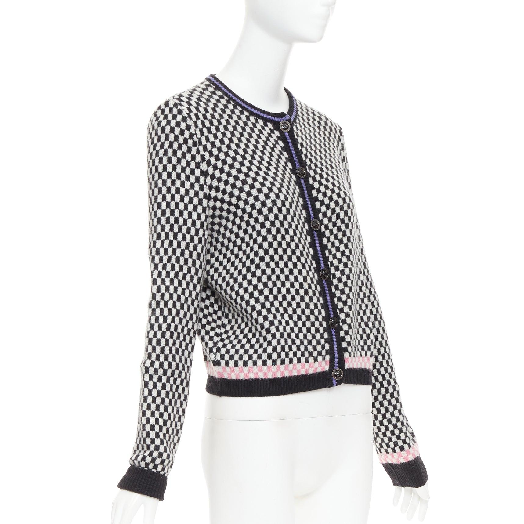 GIANNI VERSACE Vintage wooly checkered pink purple trim cardigan IT42 M In Good Condition For Sale In Hong Kong, NT