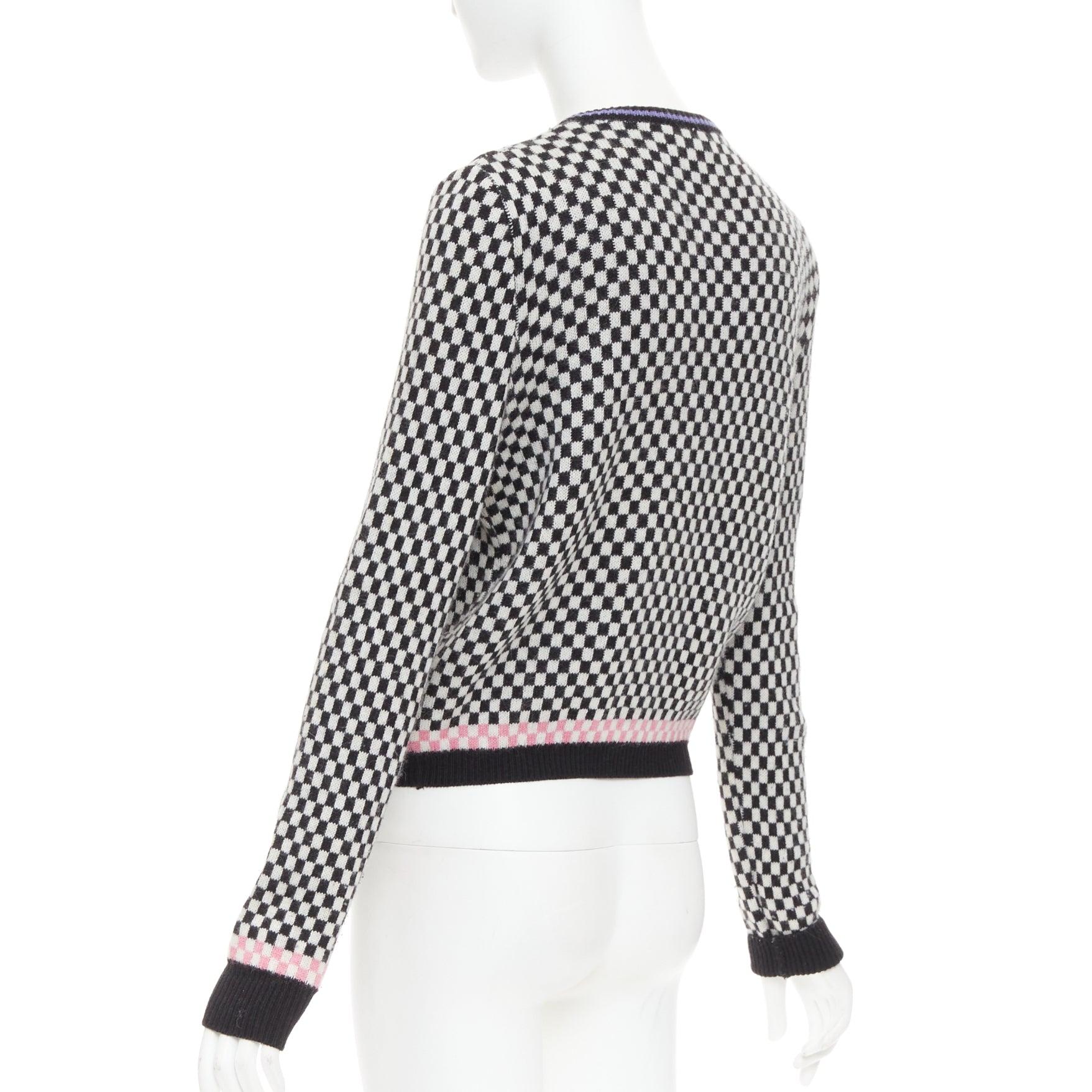 GIANNI VERSACE Vintage wooly checkered pink purple trim cardigan IT42 M For Sale 2