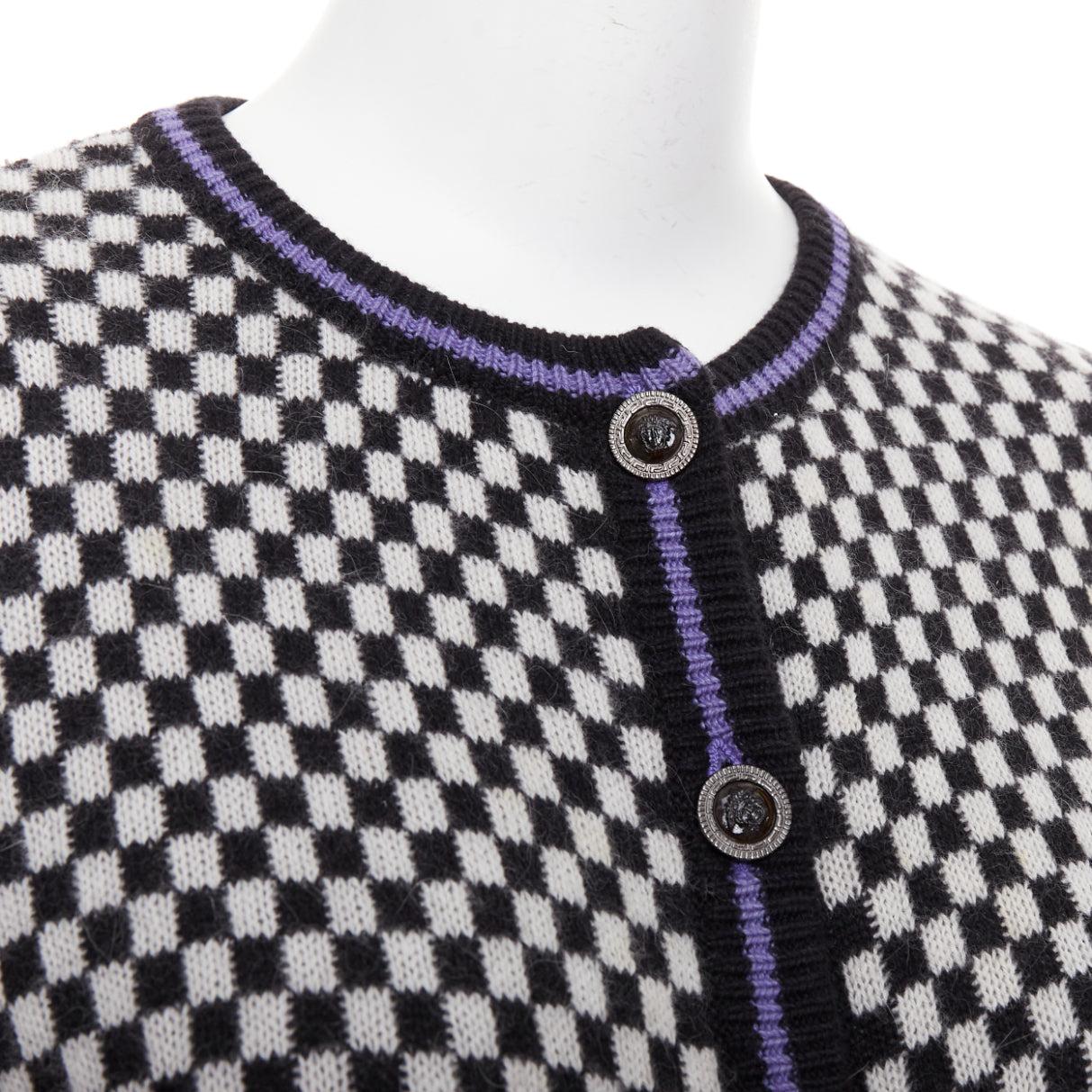 GIANNI VERSACE Vintage wooly checkered pink purple trim cardigan IT42 M For Sale 3