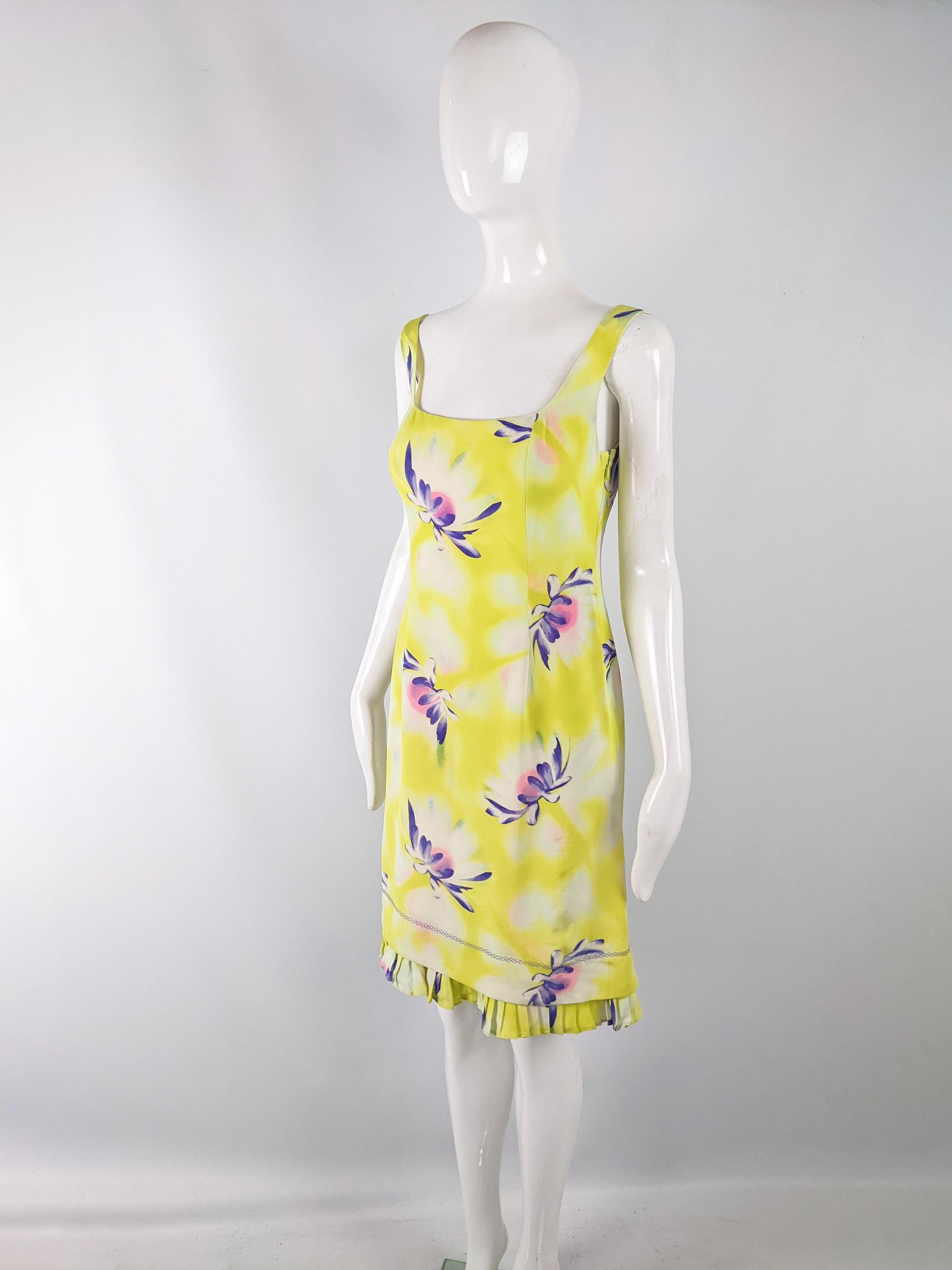 Beige Gianni Versace Vintage Yellow & Purple Silk Sleeveless Floral Print Dress, 1990s For Sale