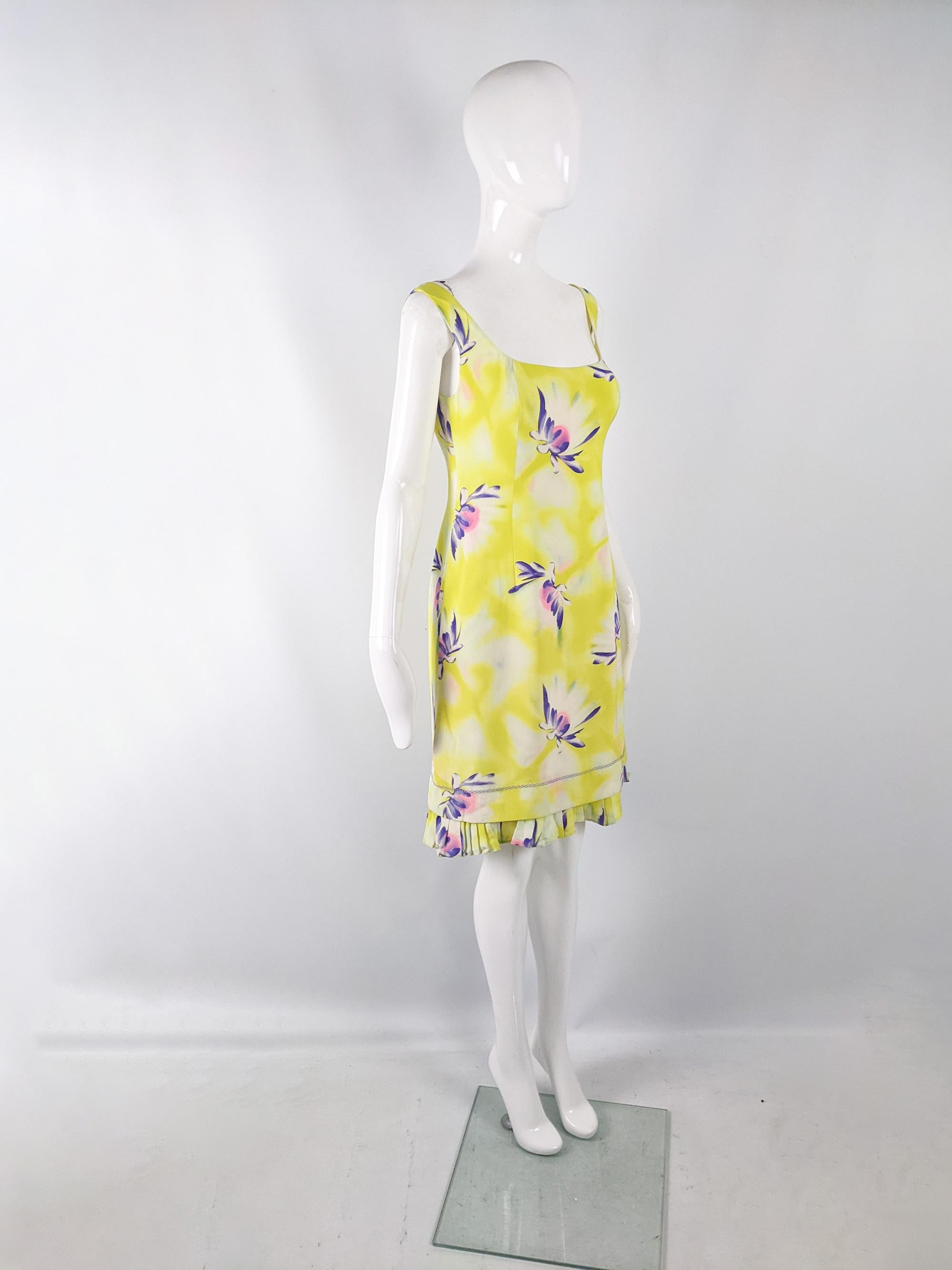 Women's Gianni Versace Vintage Yellow & Purple Silk Sleeveless Floral Print Dress, 1990s For Sale