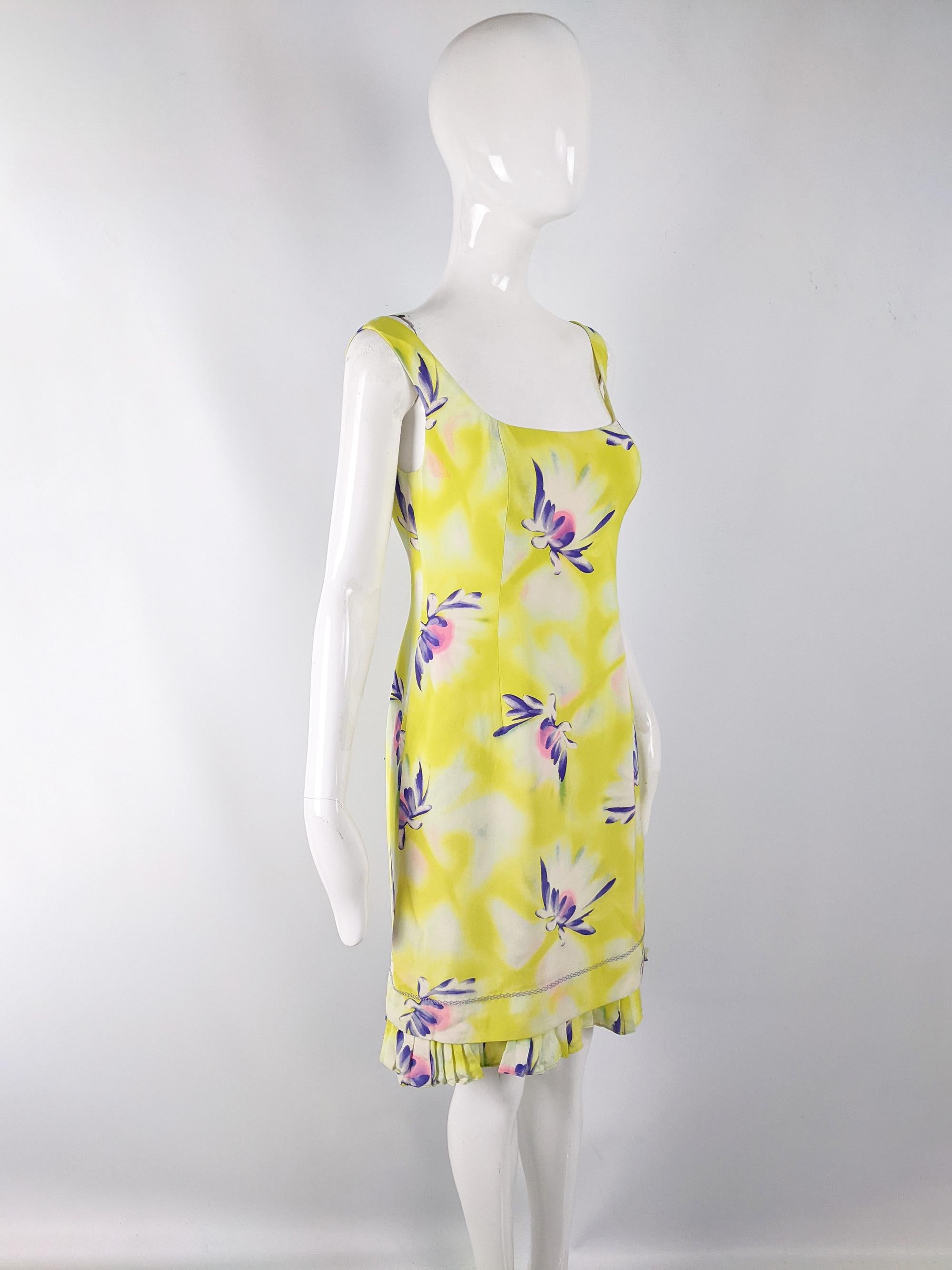 Gianni Versace Vintage Yellow & Purple Silk Sleeveless Floral Print Dress, 1990s For Sale 1