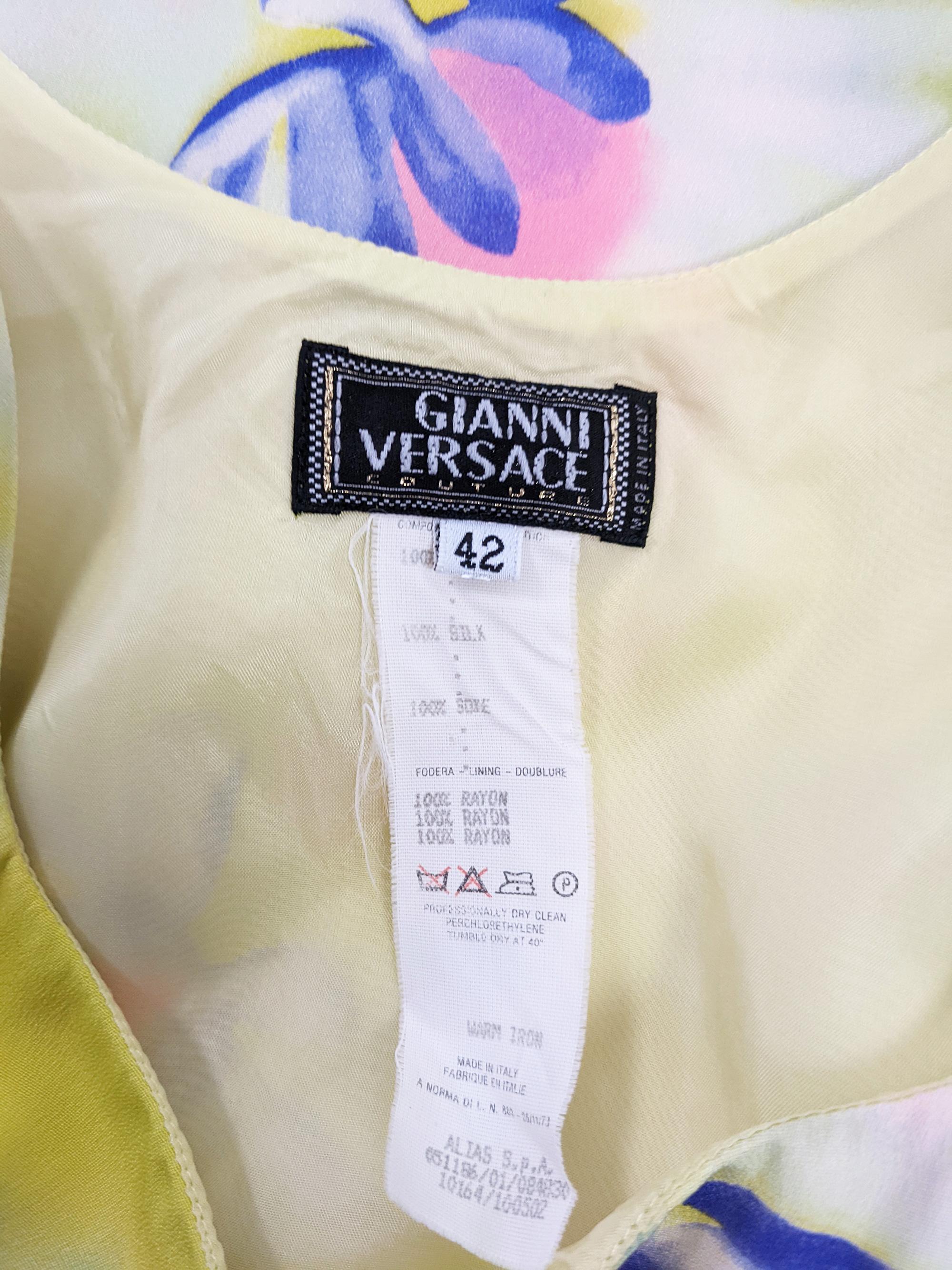 Gianni Versace Vintage Yellow & Purple Silk Sleeveless Floral Print Dress, 1990s For Sale 3