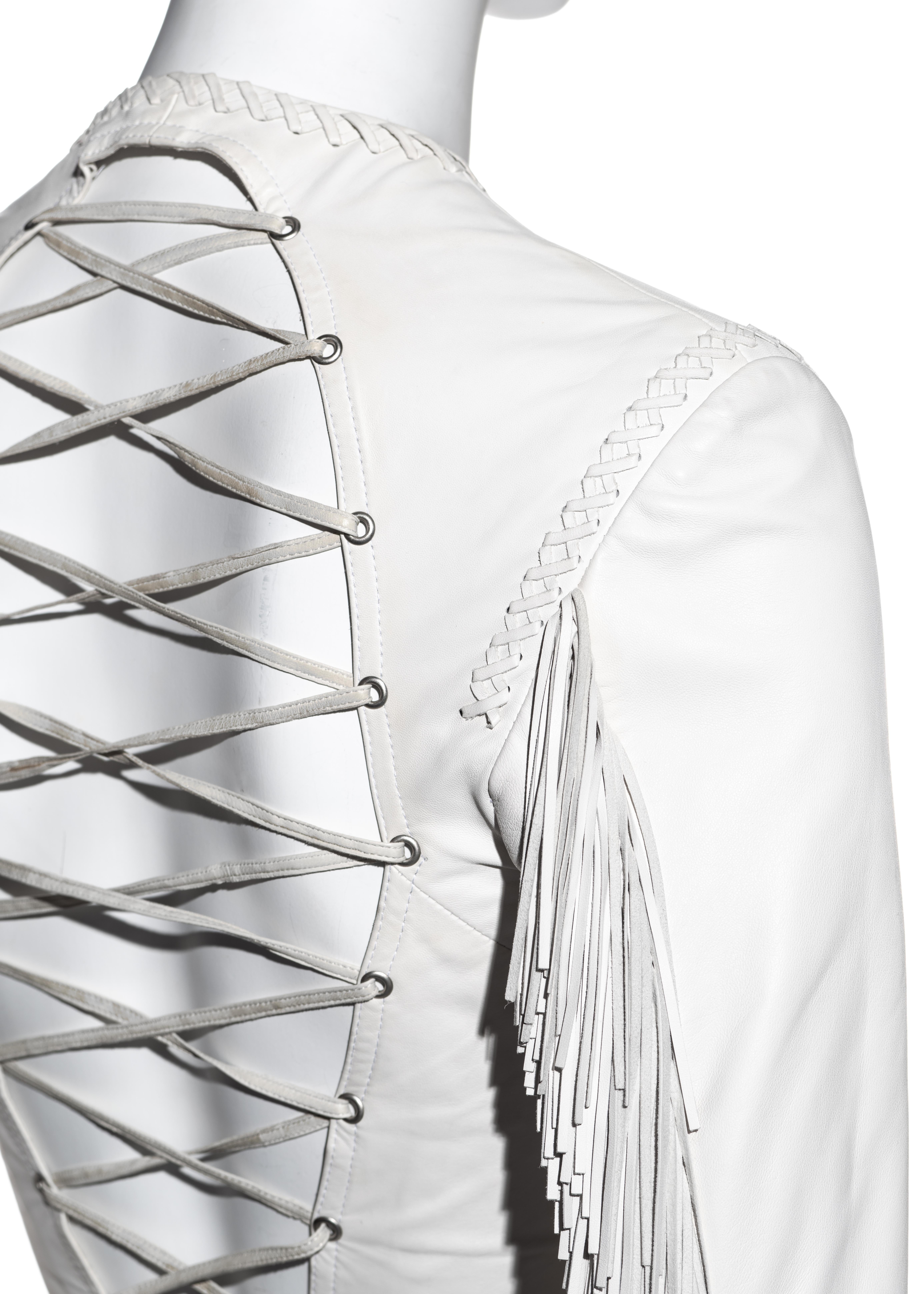 Gianni Versace white leather backless lace up fringed jacket, ss 2002 3