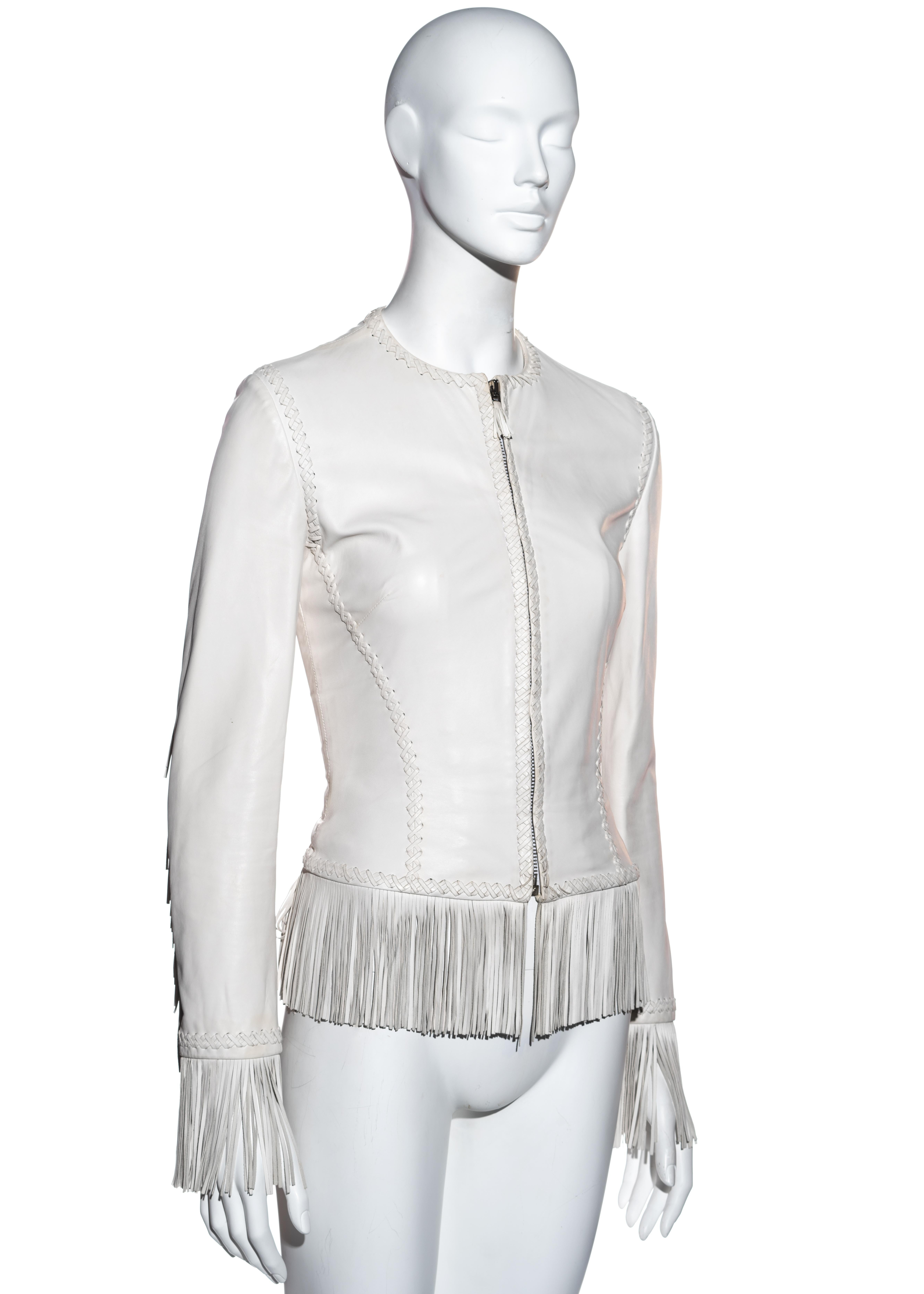 Gray Gianni Versace white leather backless lace up fringed jacket, ss 2002