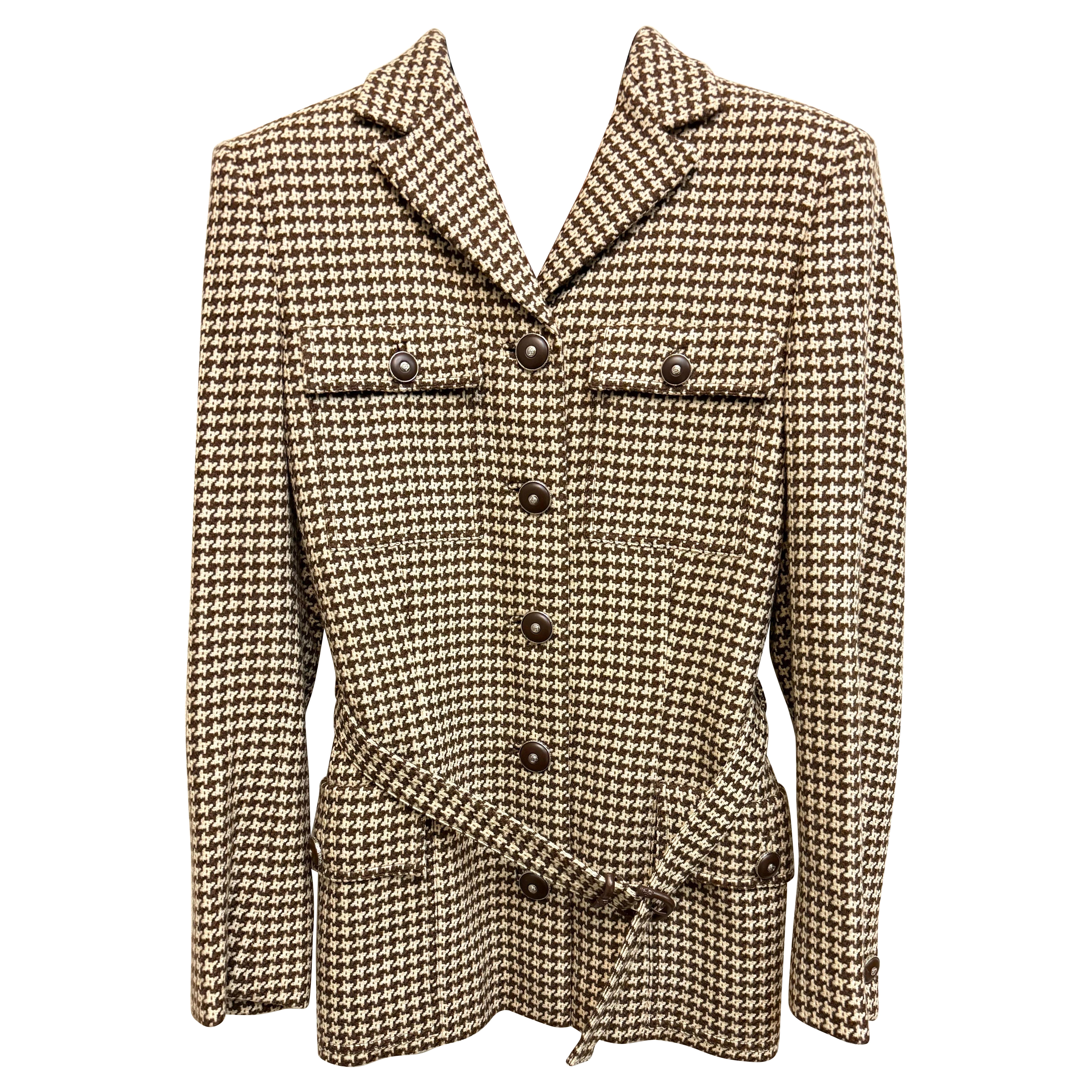 Gianni Versace Gürteljacke aus Wolle und Kaschmir mit Hahnentrittmuster im Angebot