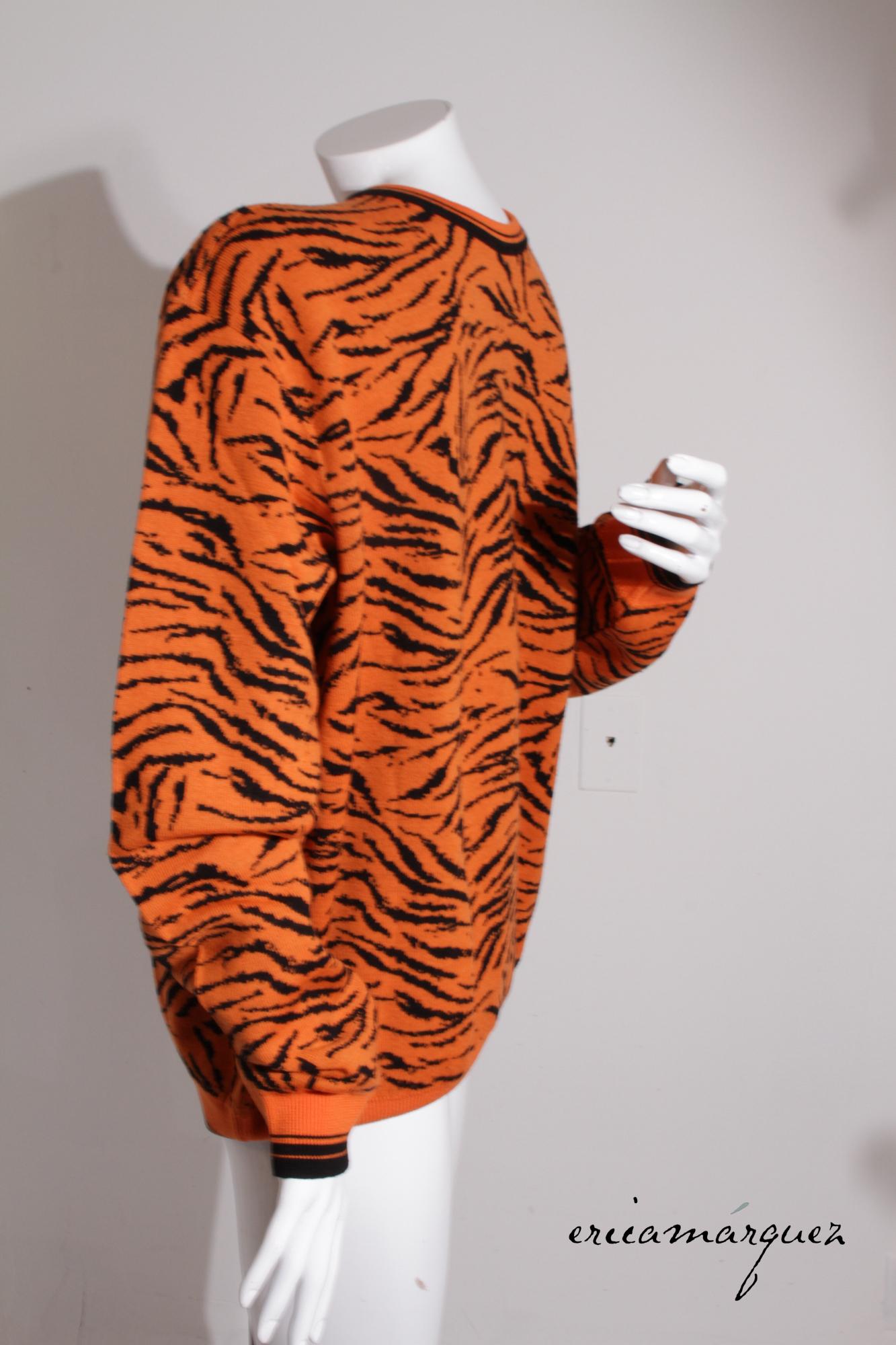 GIANNI VERSACE, Wool, Orange, Tiger Pattern, Crewneck Sweater For Sale 1