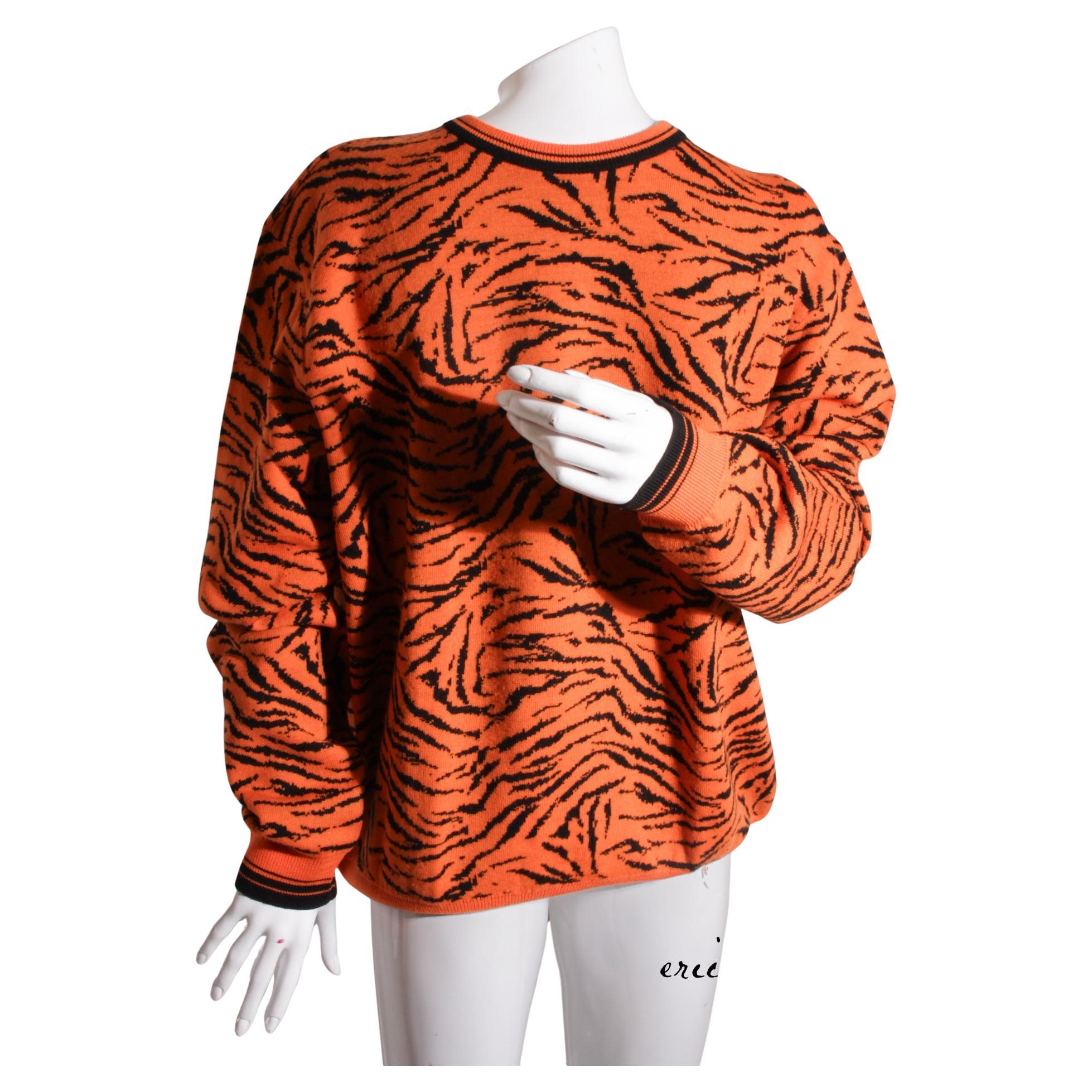 GIANNI VERSACE, Wool, Orange, Tiger Pattern, Crewneck Sweater For Sale