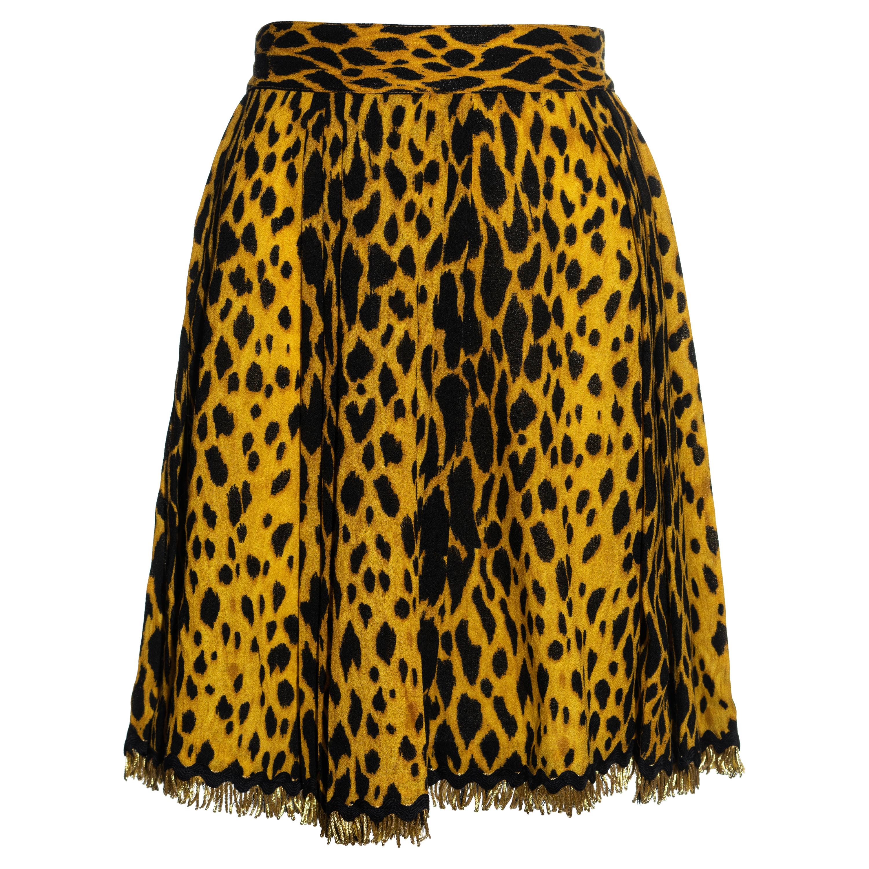 Gianni Versace yellow cheetah print wool crepe pleated wrap skirt, ss 1992 For Sale