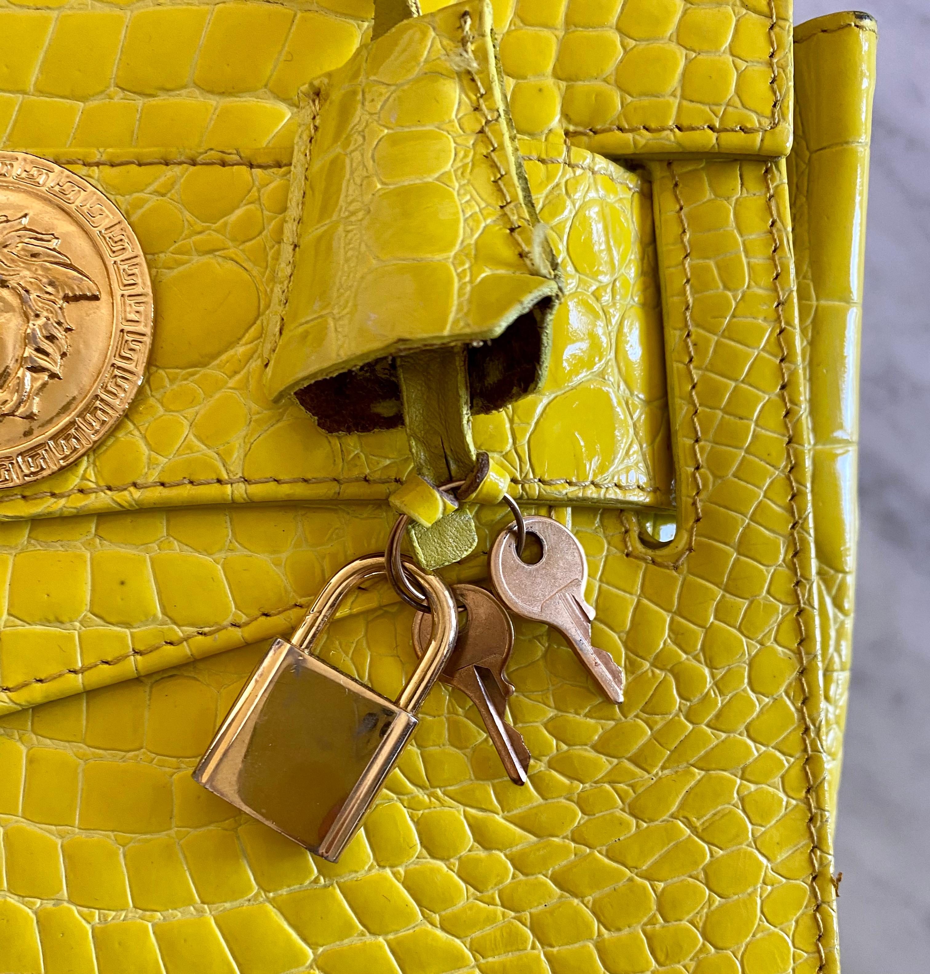 F/W 1994 Gianni Versace Yellow Crocodile Embossed Patent Kelly Style 'Diana' Bag For Sale 8