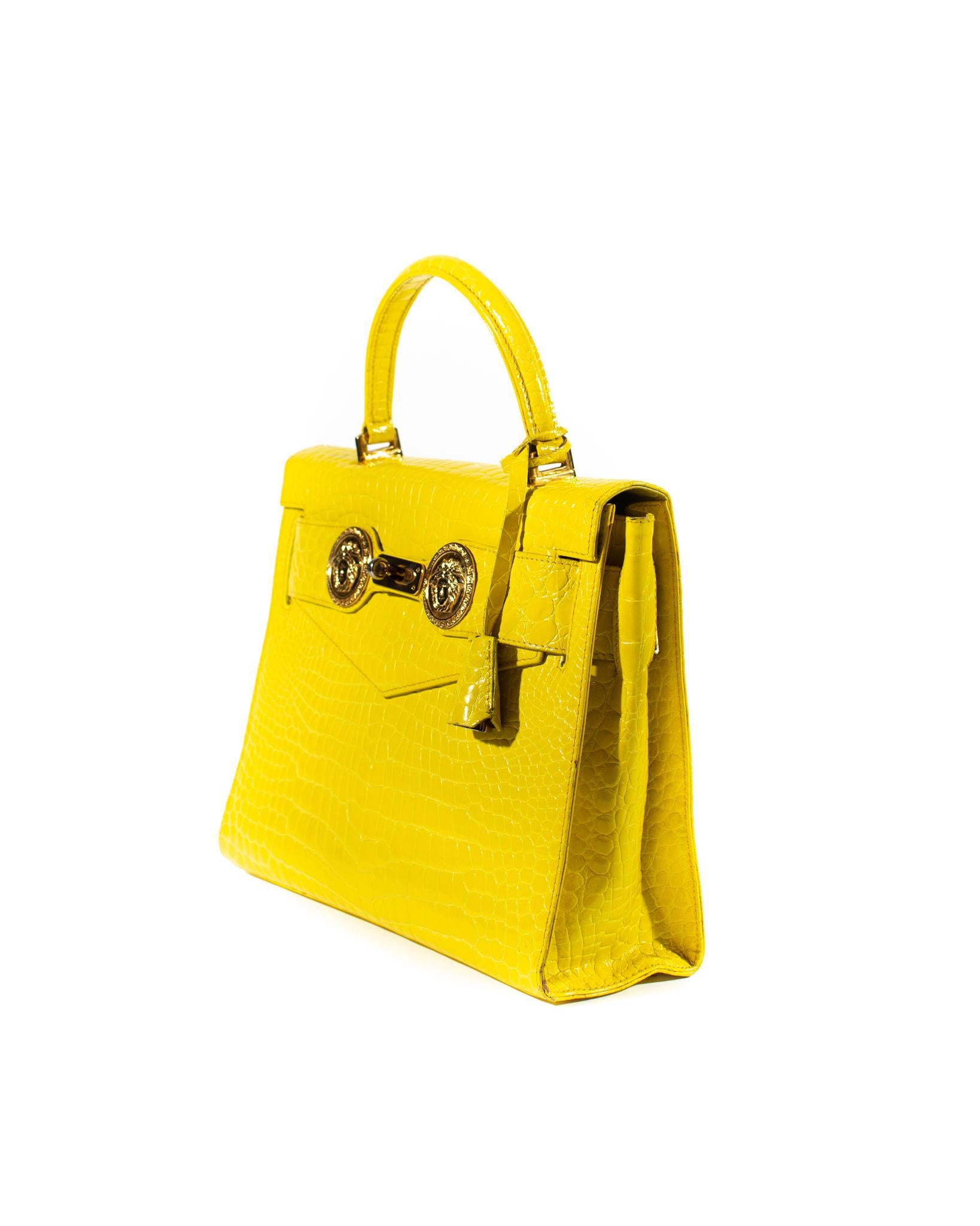 Women's F/W 1994 Gianni Versace Yellow Crocodile Embossed Patent Kelly Style 'Diana' Bag For Sale