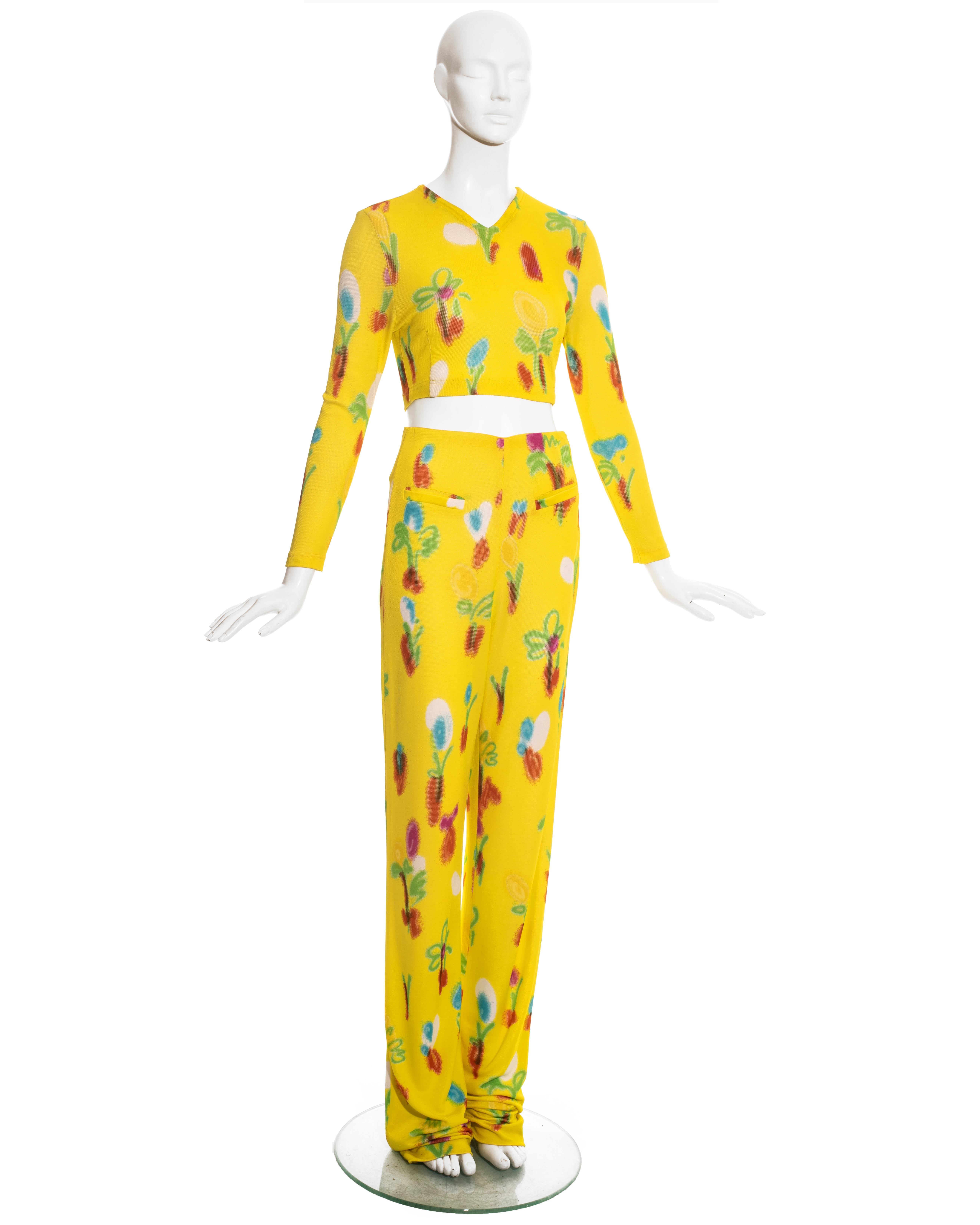 Yellow Gianni Versace yellow floral print jersey crop top and pants set, ss 1996