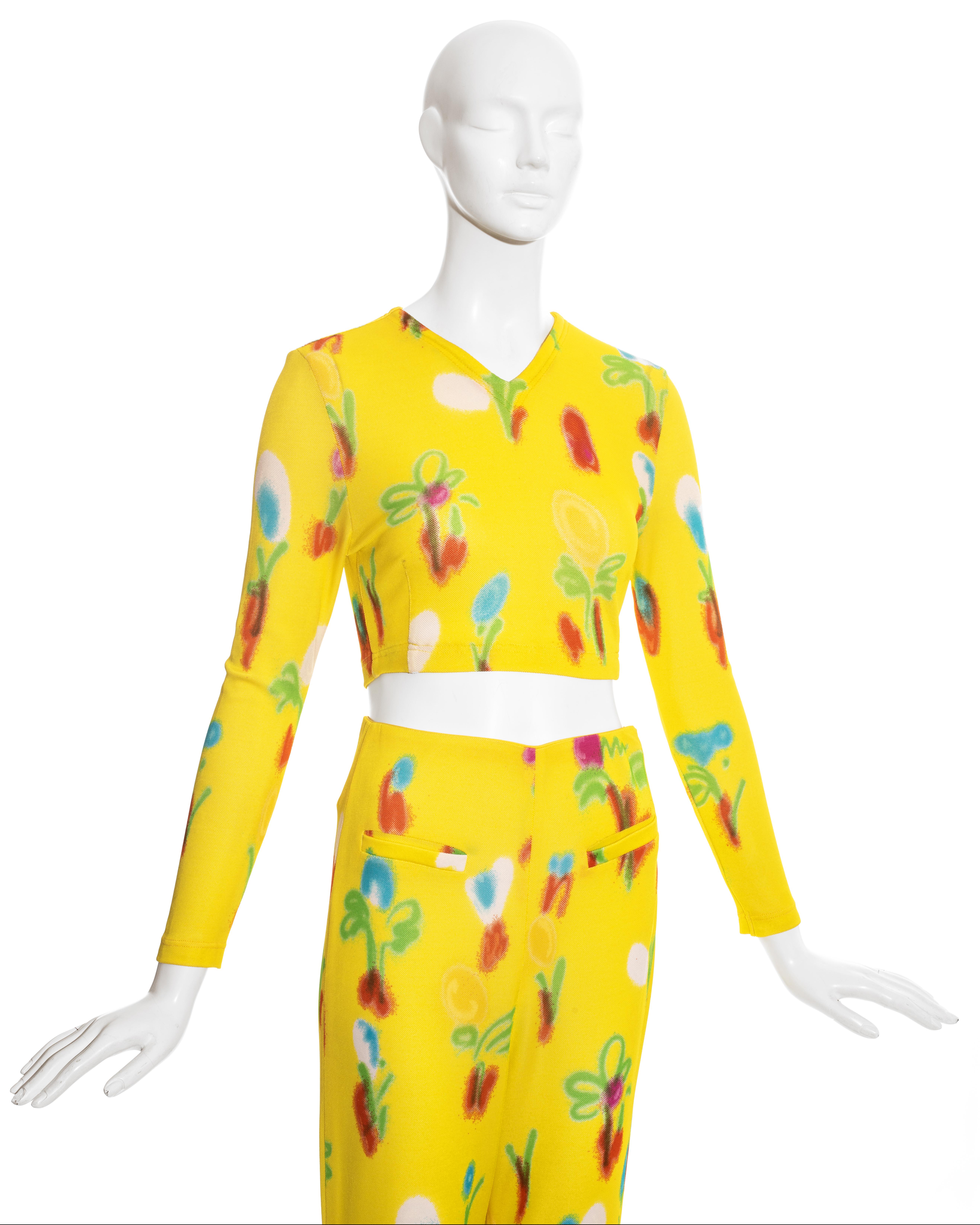 Gianni Versace yellow floral print jersey crop top and pants set, ss 1996 In Excellent Condition In London, GB
