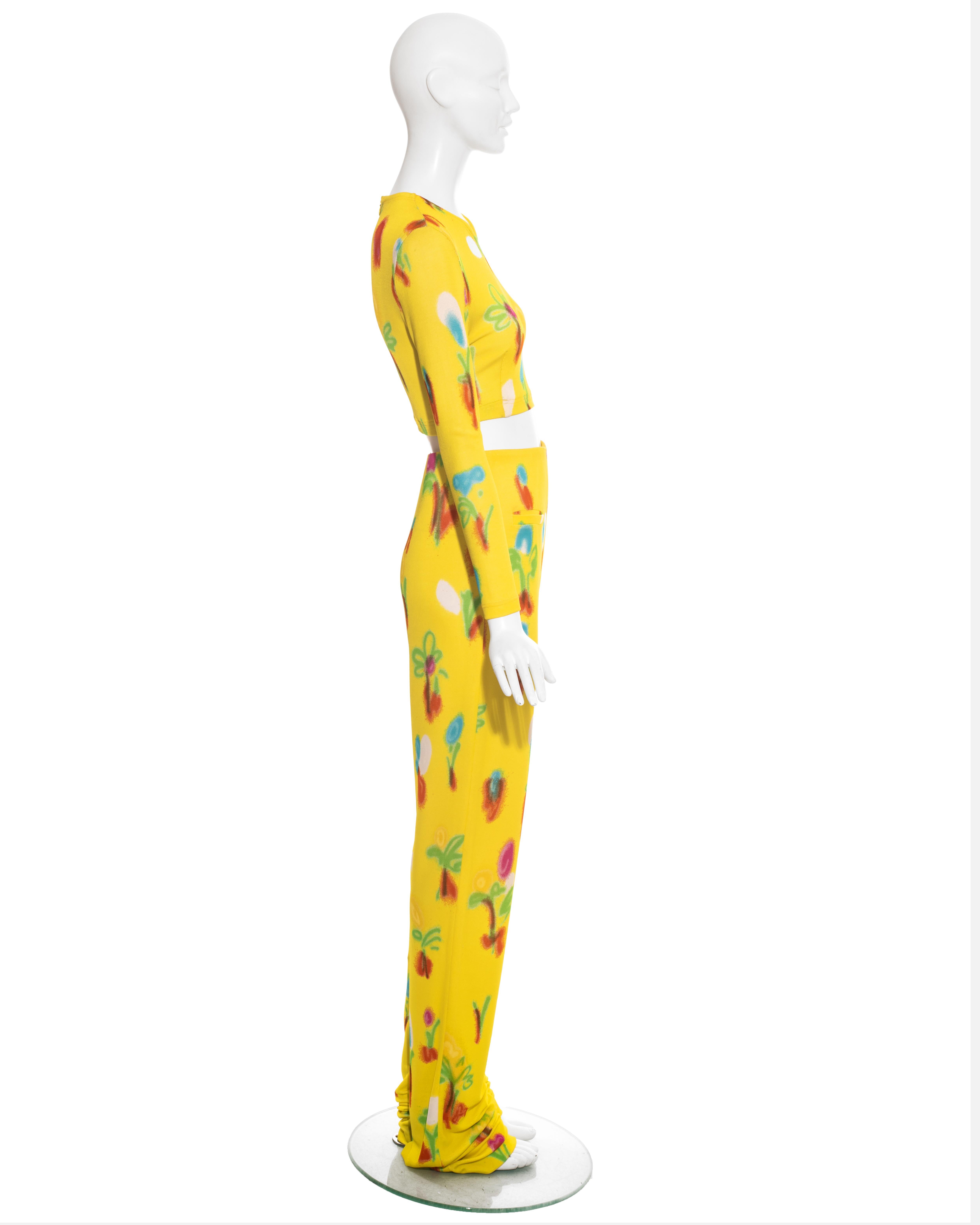 Women's or Men's Gianni Versace yellow floral print jersey crop top and pants set, ss 1996