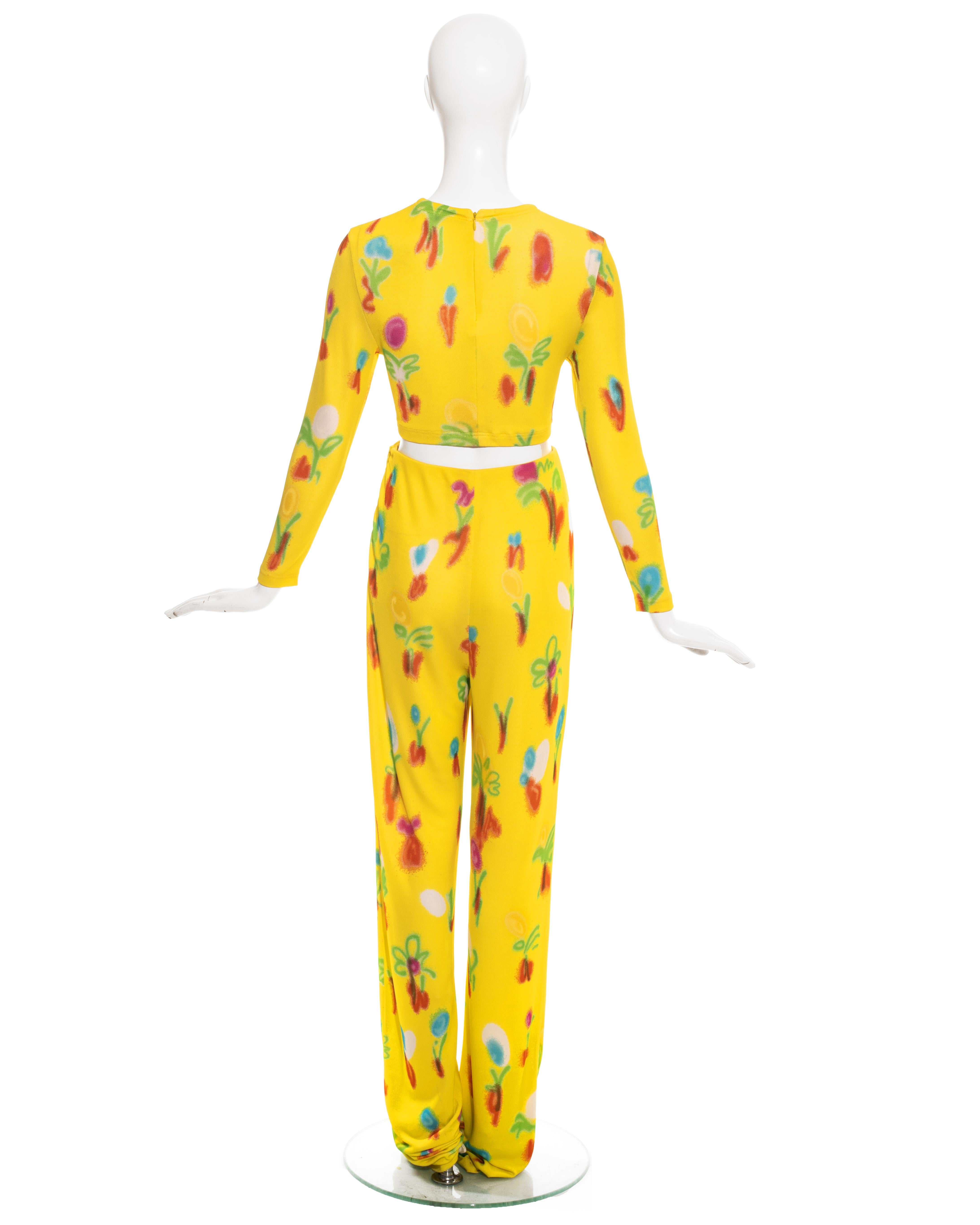 Gianni Versace yellow floral print jersey crop top and pants set, ss 1996 1
