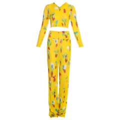 Gianni Versace yellow floral print jersey crop top and pants set, ss 1996