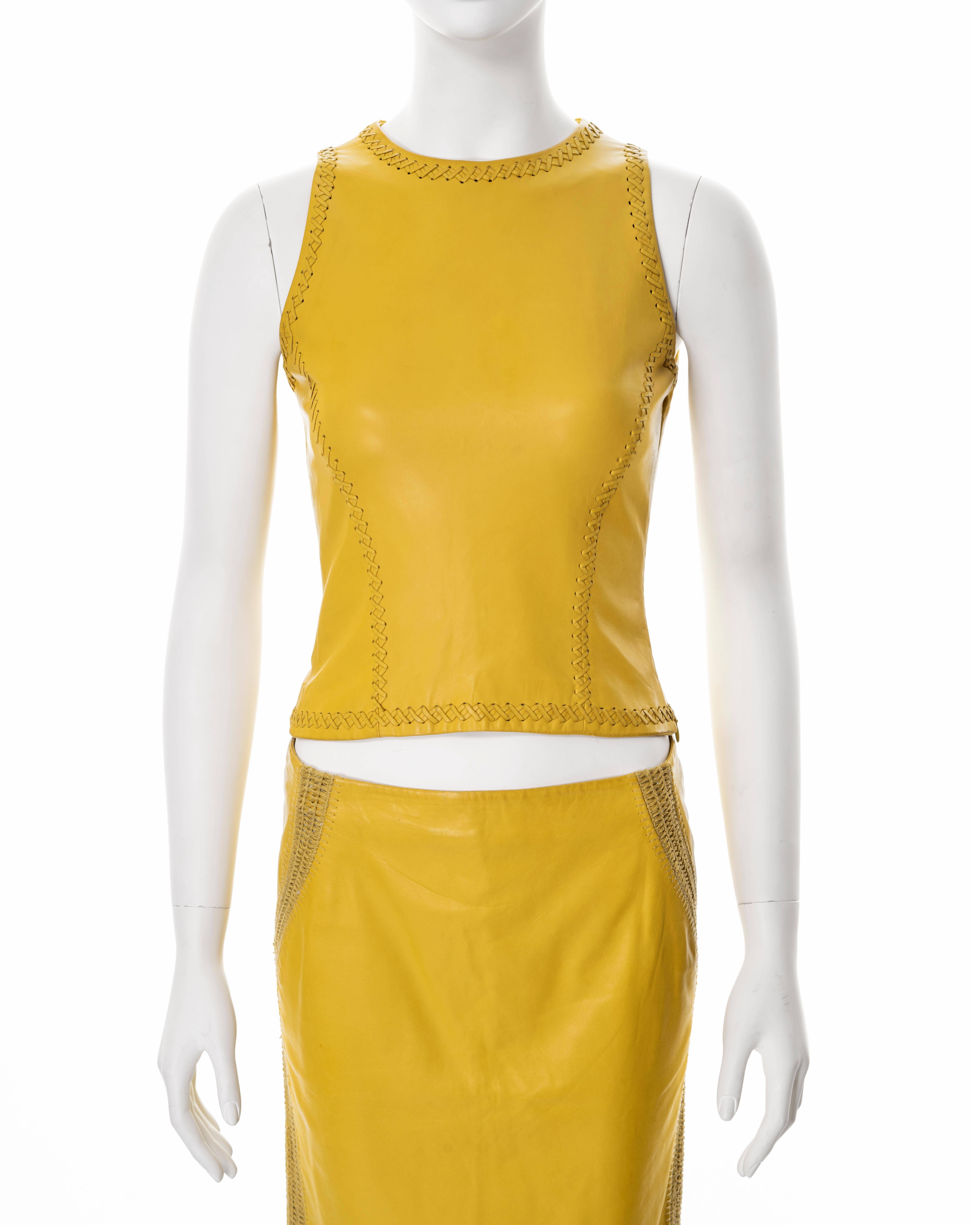 Gianni Versace yellow lambskin leather top and skirt, ss 2003 In Good Condition For Sale In London, GB