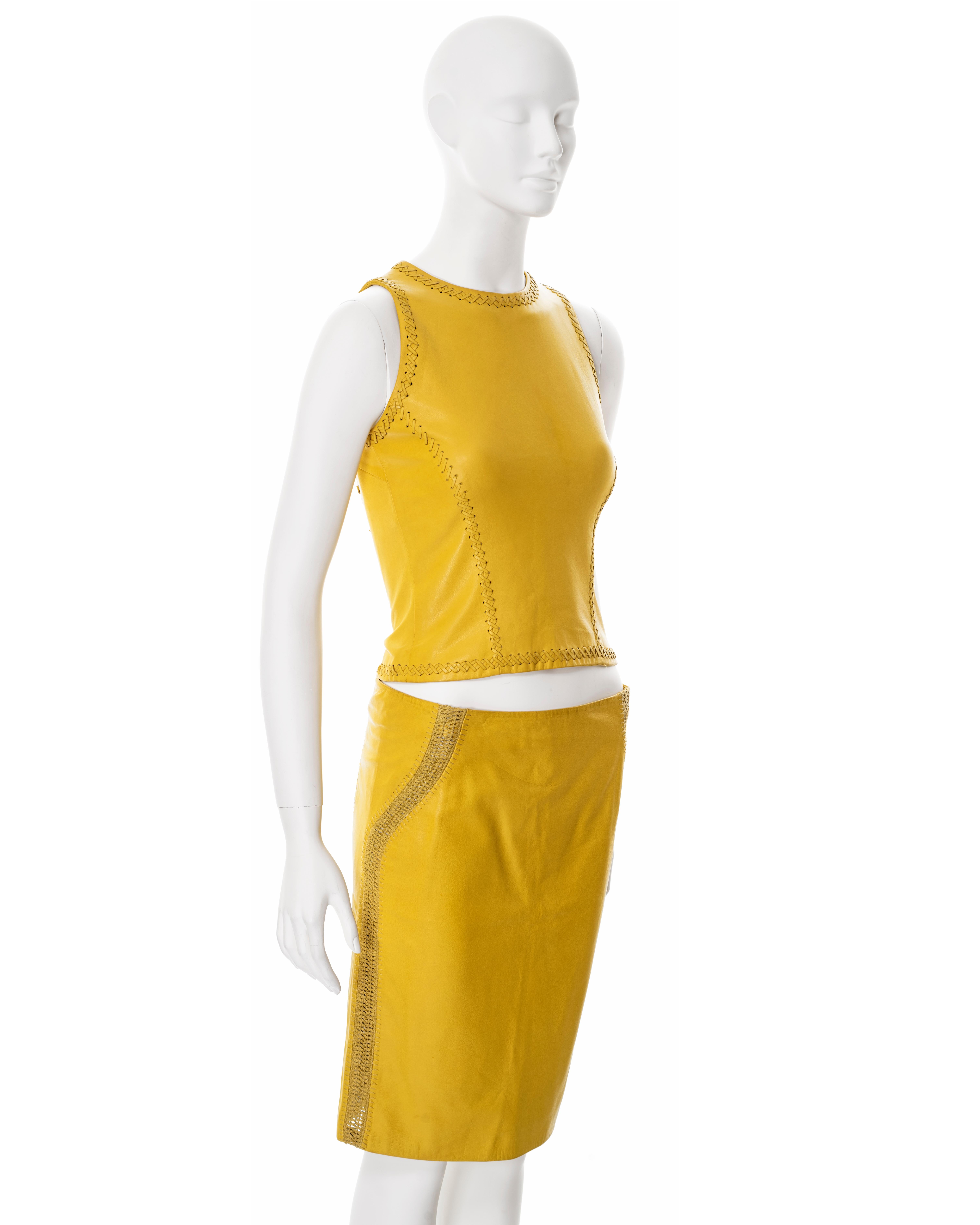 Women's Gianni Versace yellow lambskin leather top and skirt, ss 2003 For Sale