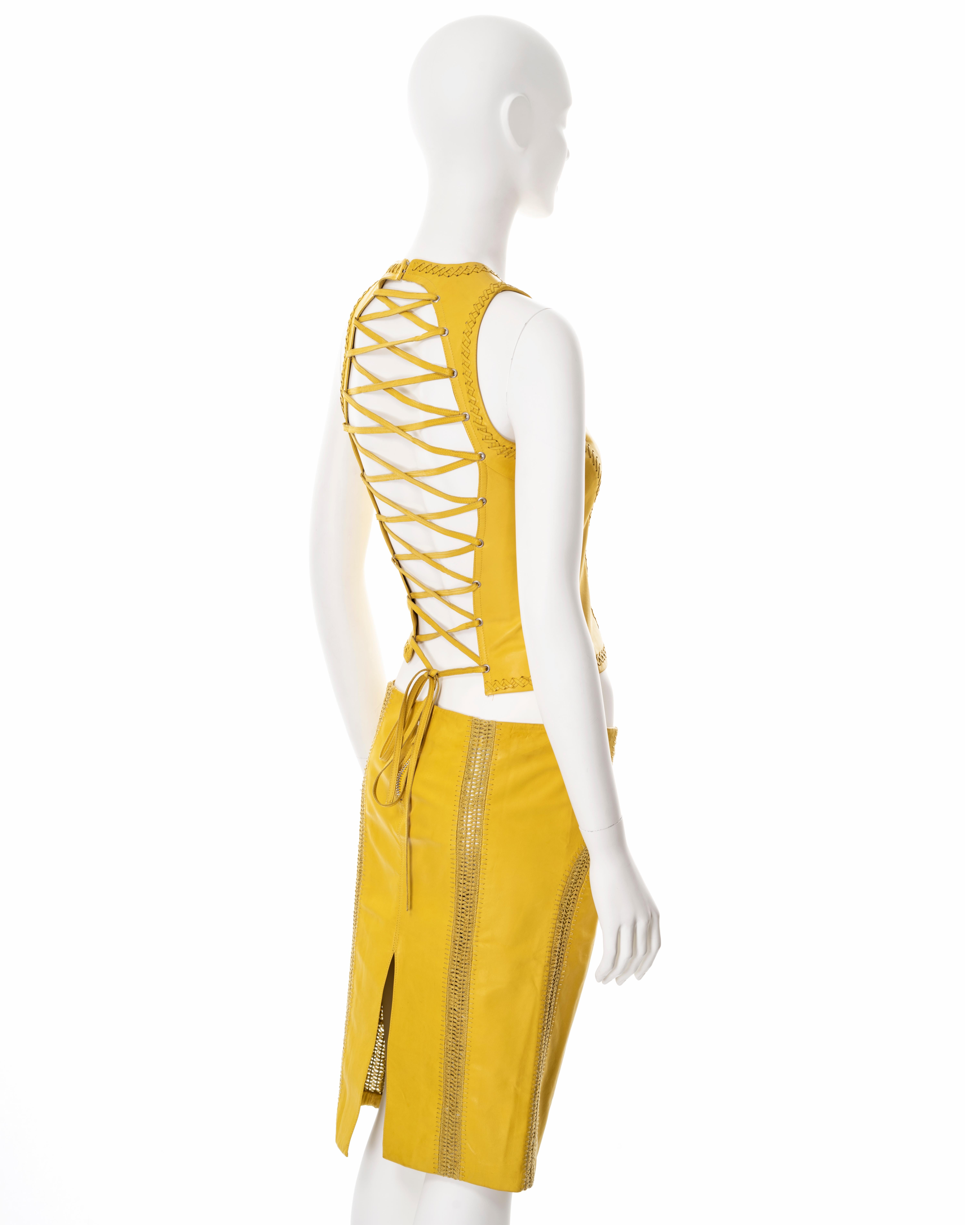 Gianni Versace yellow lambskin leather top and skirt, ss 2003 For Sale 1