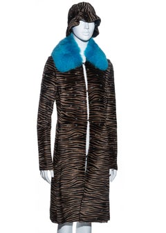 Gianni Versace zebra print pony hair coat with fox fur and bucket hat, fw 1999