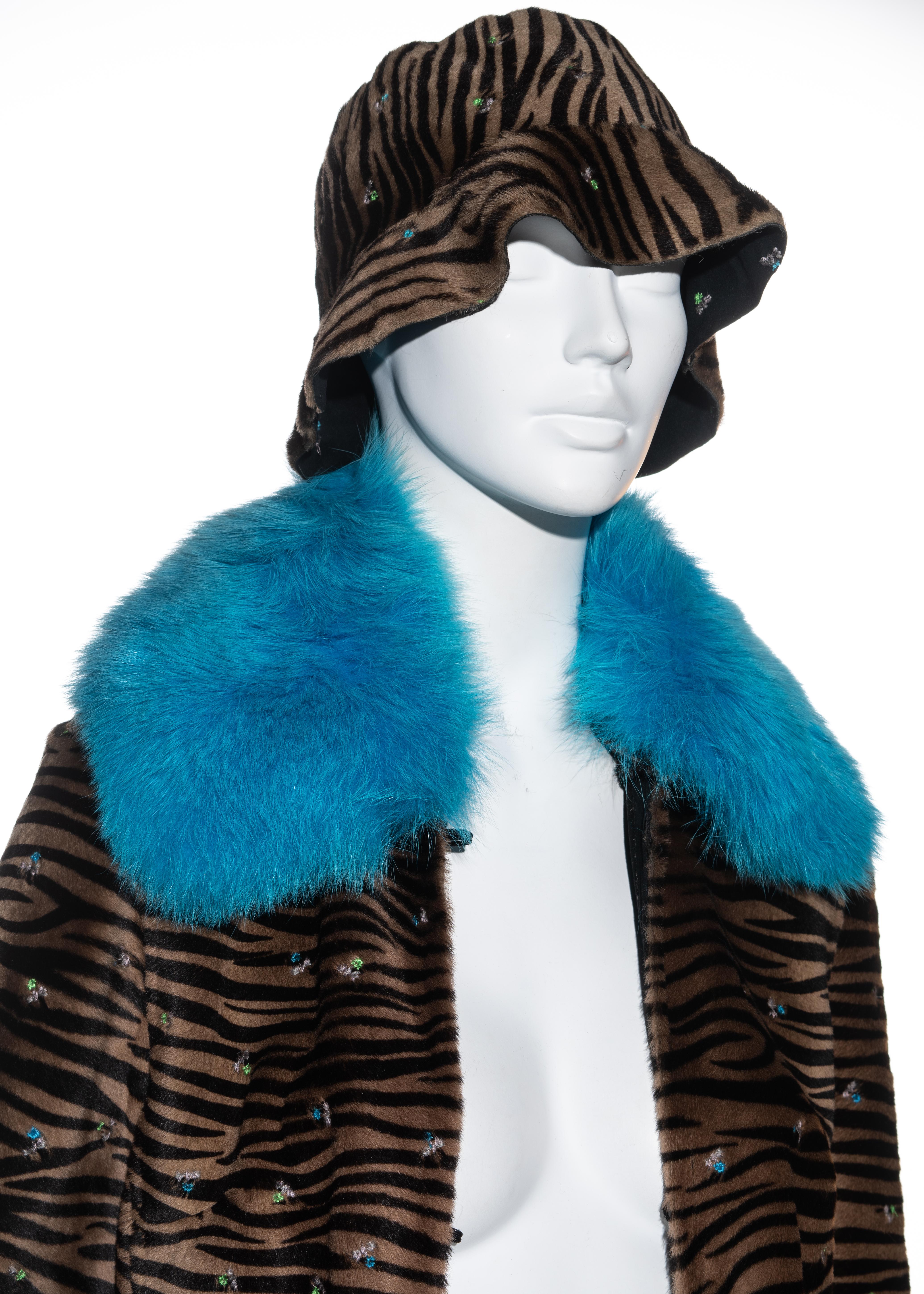 Black Gianni Versace zebra print pony hair coat with fox fur and bucket hat, fw 1999