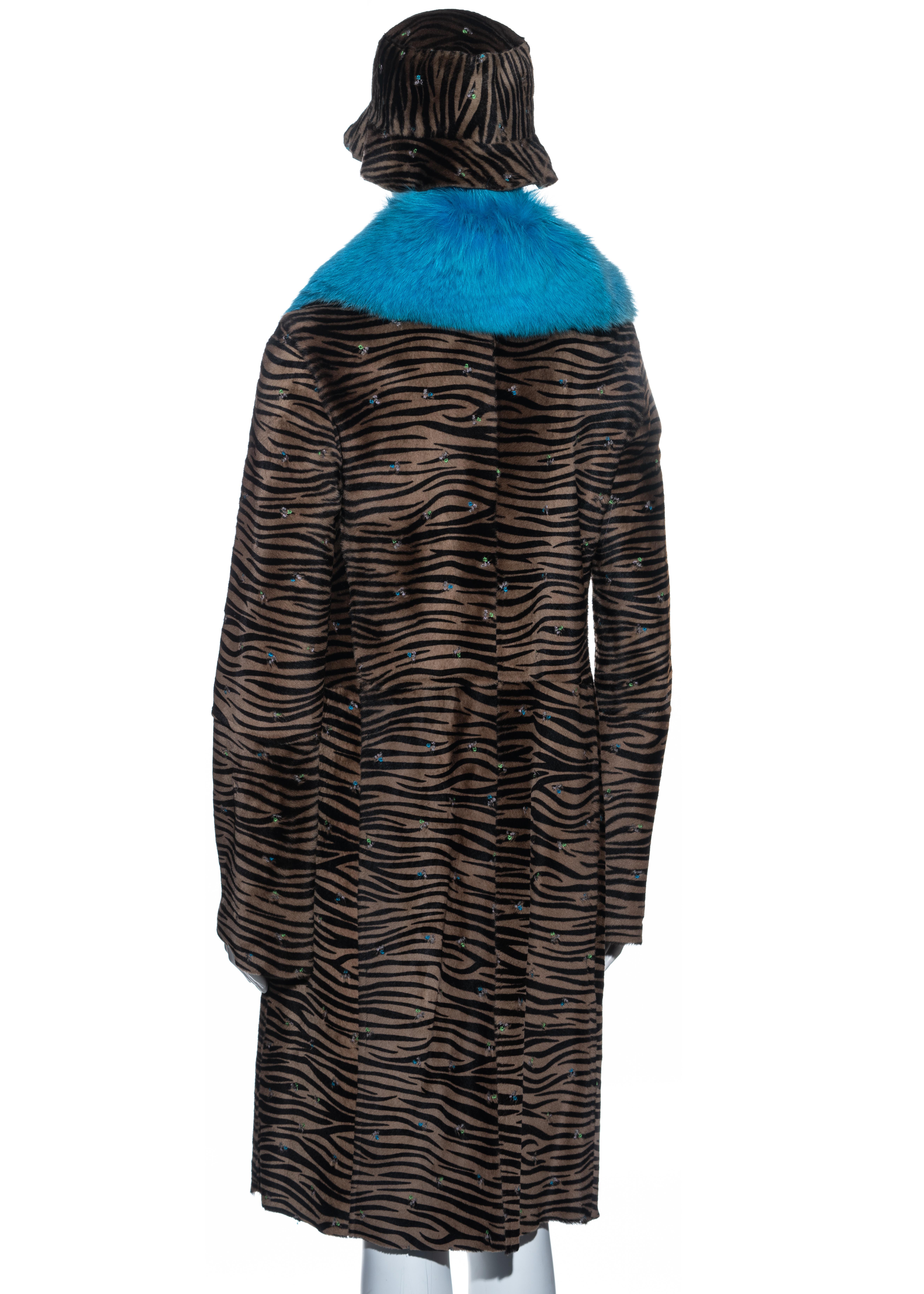 Women's Gianni Versace zebra print pony hair coat with fox fur and bucket hat, fw 1999