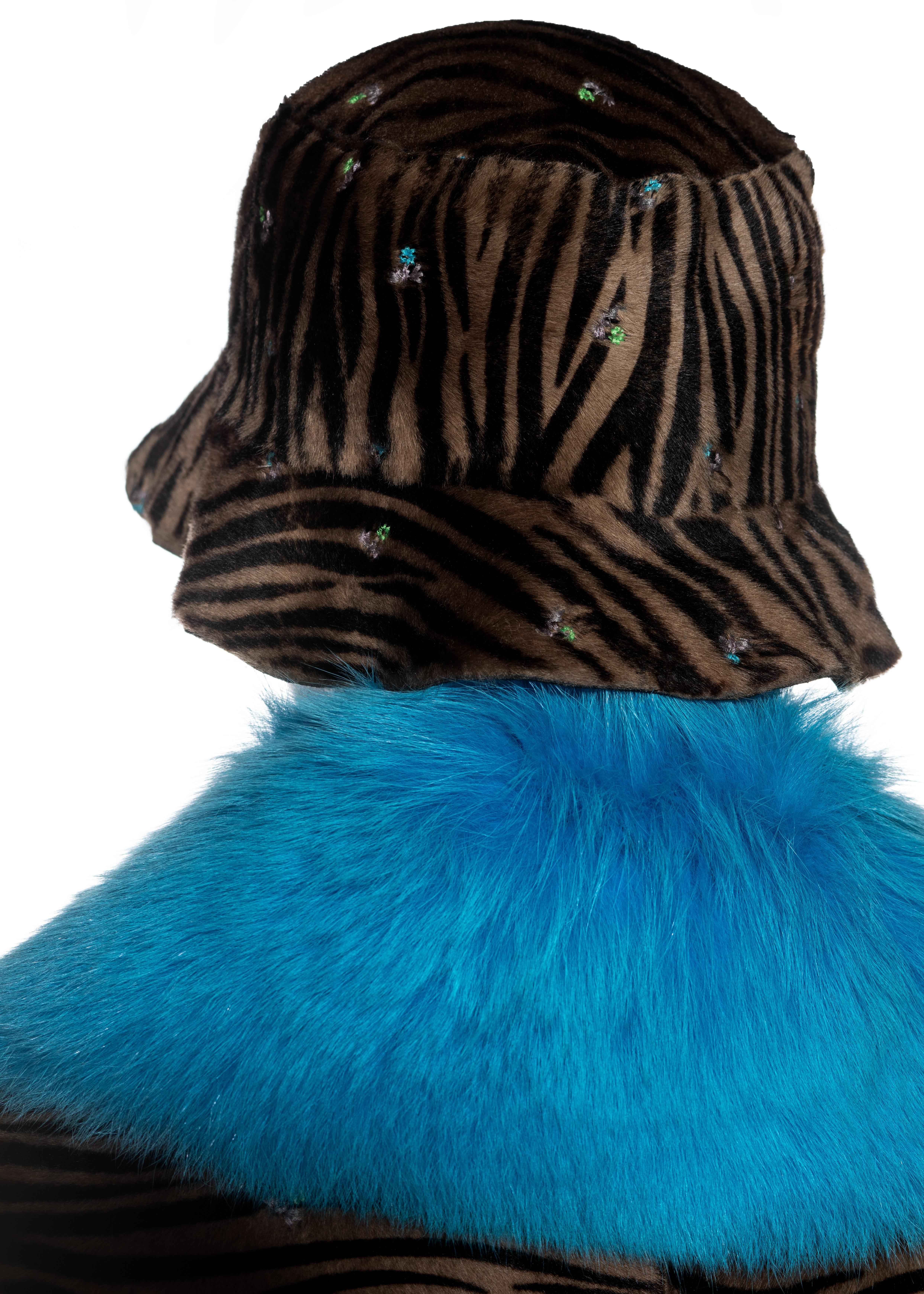 Gianni Versace zebra print pony hair coat with fox fur and bucket hat, fw 1999 1
