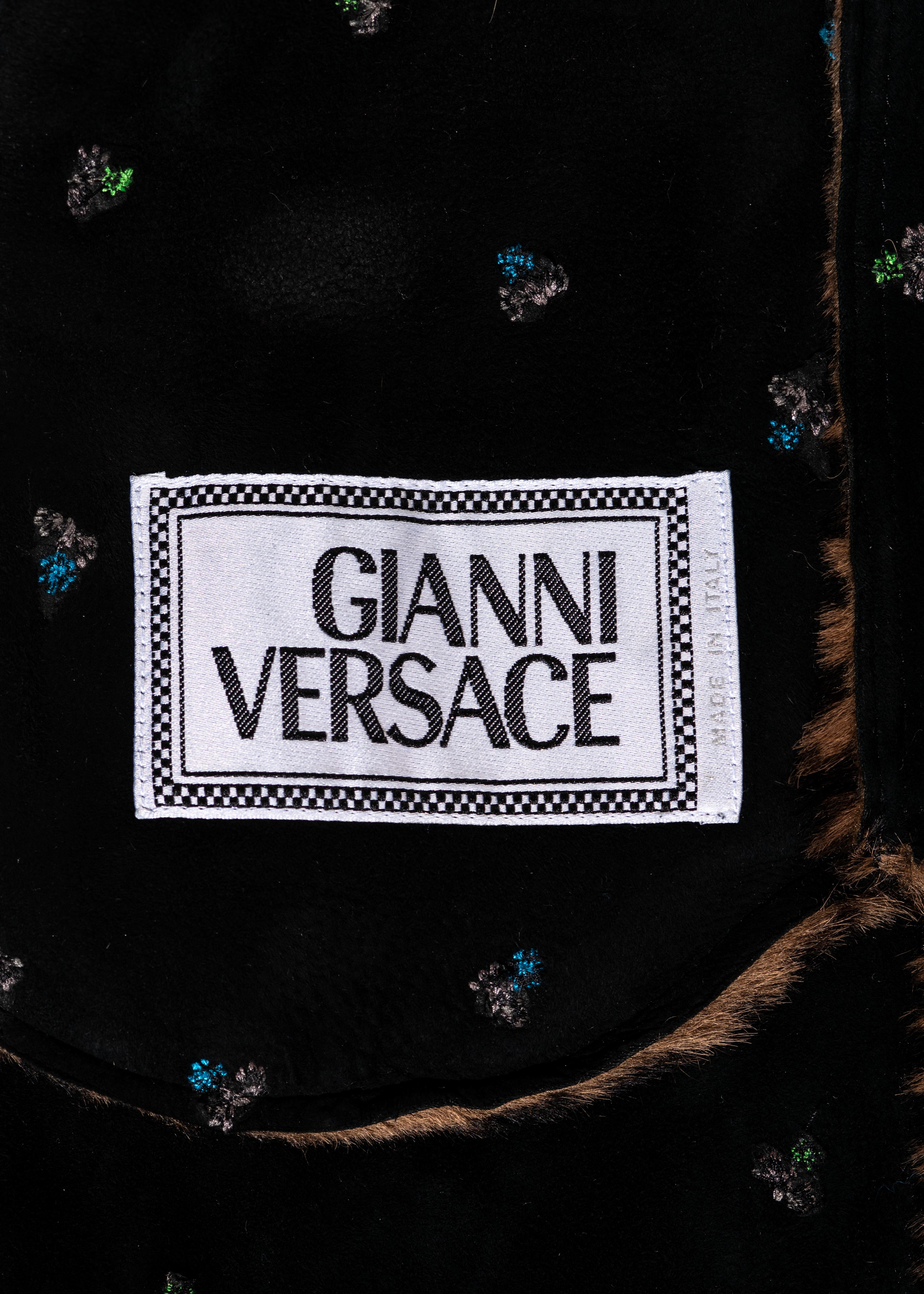 Gianni Versace zebra print pony hair coat with fox fur and bucket hat, fw 1999 2