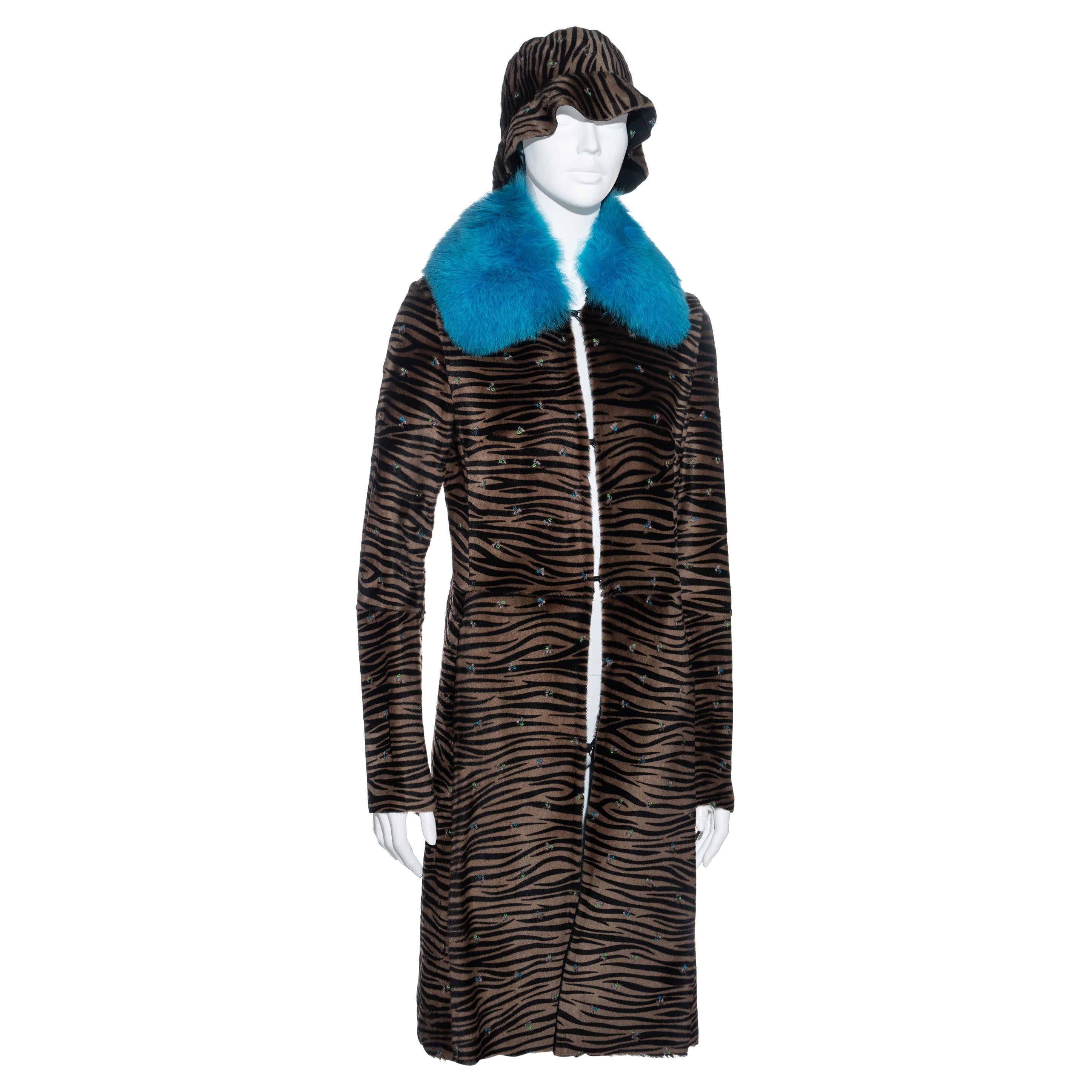 Gianni Versace zebra print pony hair coat with fox fur and bucket hat, fw 1999