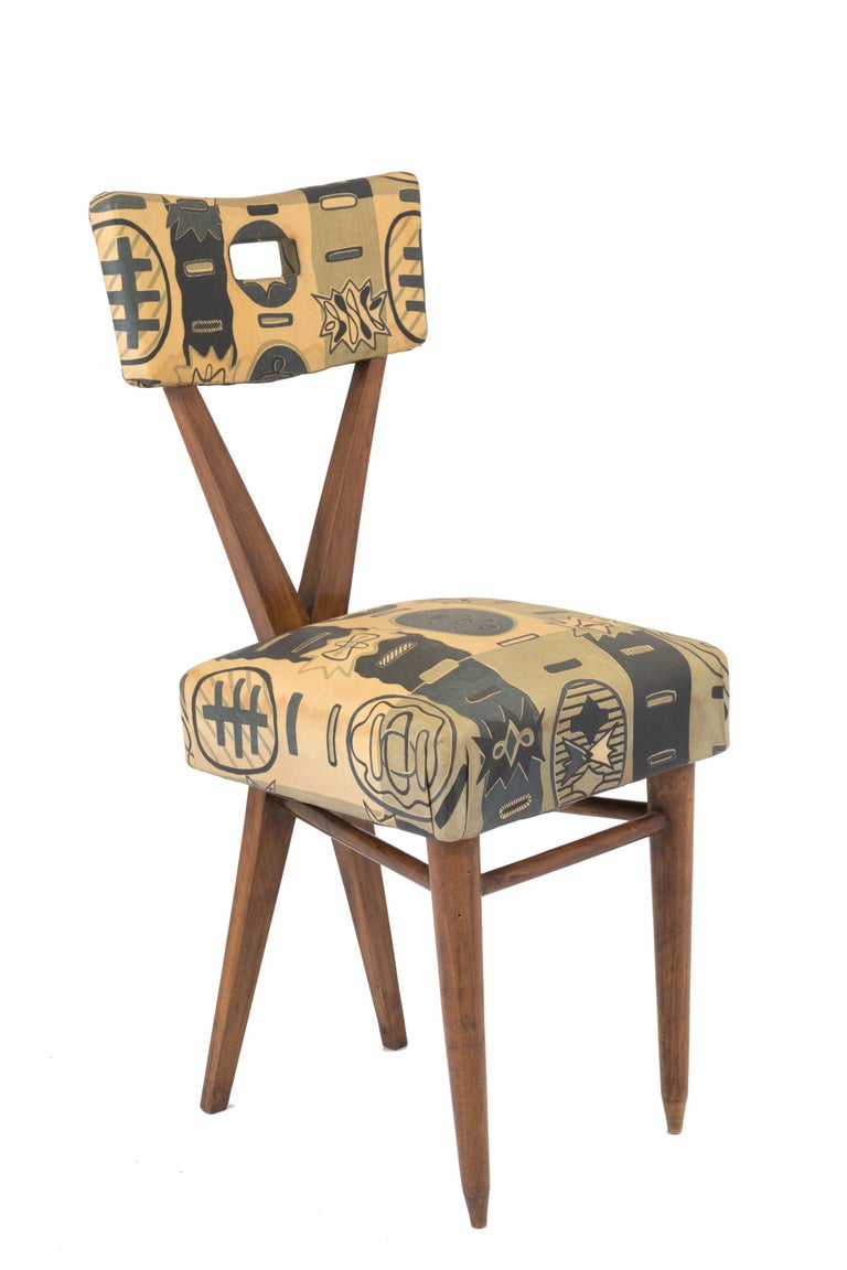 Italian Gianni Vigorelli Set of Four Wooden Chairs with Original Fabric, 1950s