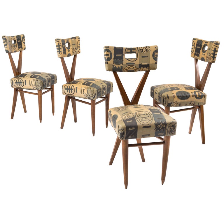 Gianni Vigorelli Set of Four Wooden Chairs with Original Fabric, 1950s