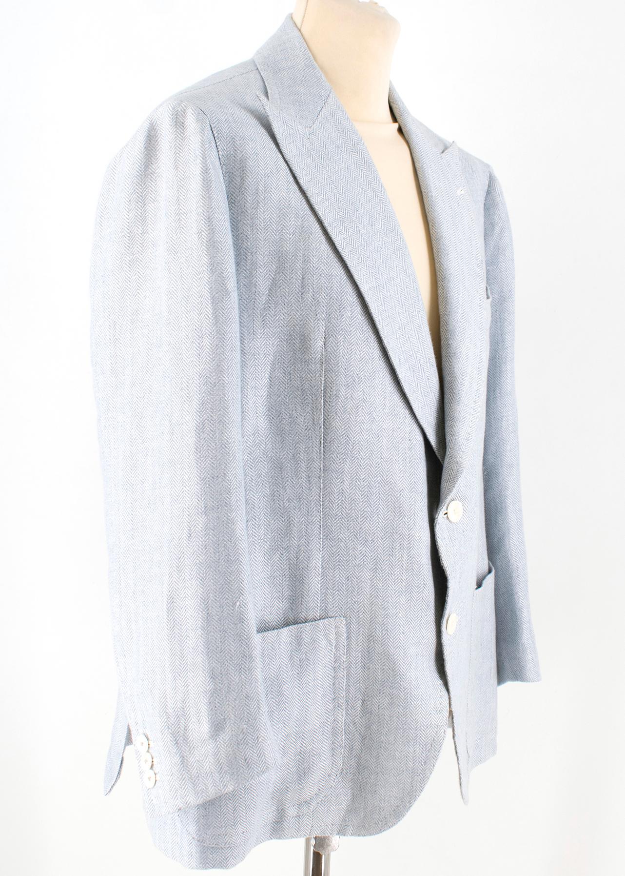 Gianni Volpe Light Blue Herringbone Single Breasted Blazer

- Light blue blazer
- Lightweight
- Herringbone
- Single breasted two buttons fastening
- Peak lapels
- Chest welt pocket
- Front patch pockets
- Buttoned cuffs
- Internal two slip