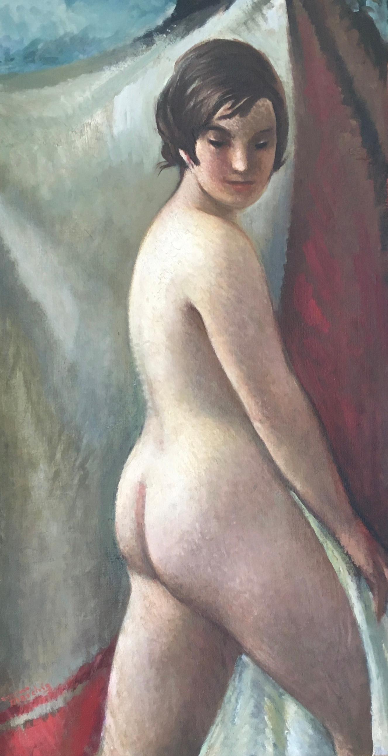 Naked young woman from behind - Painting by Giannino Marchig