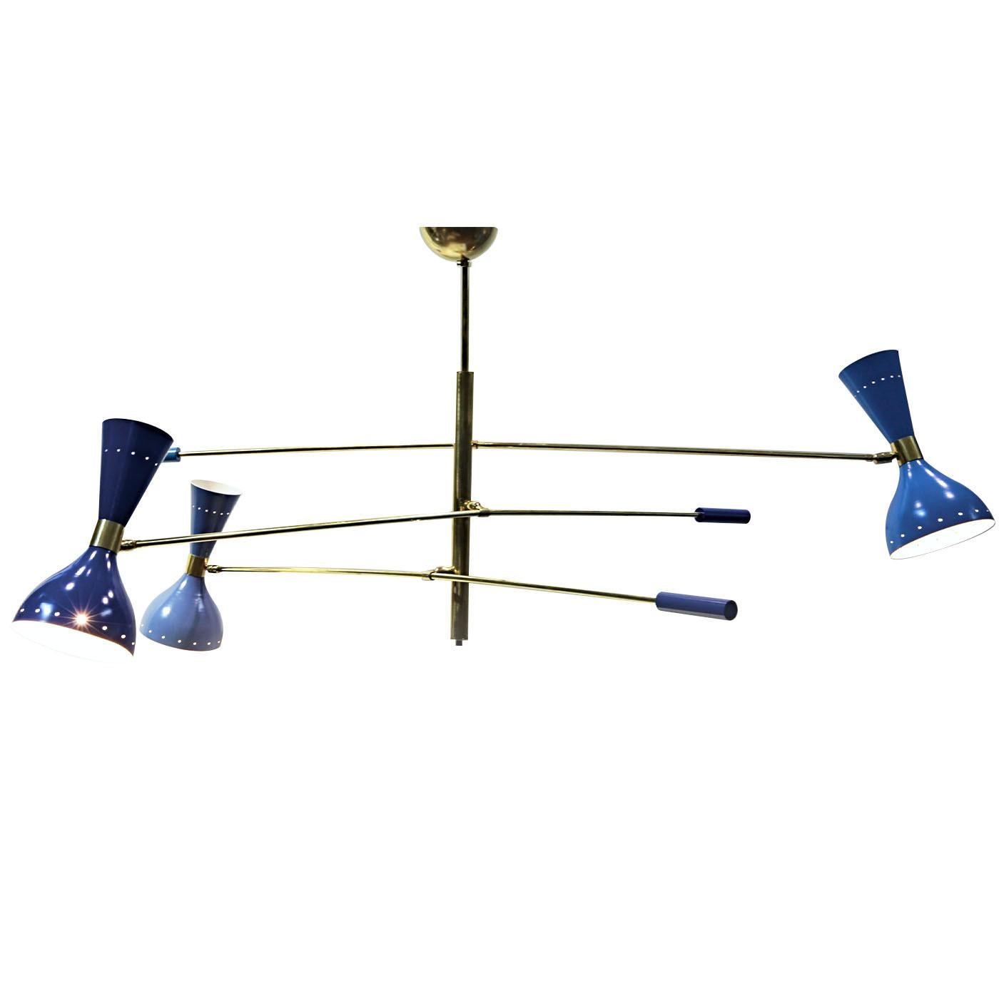 Italian Giano Triennale 6-Light Blue & Brass Chandelier For Sale