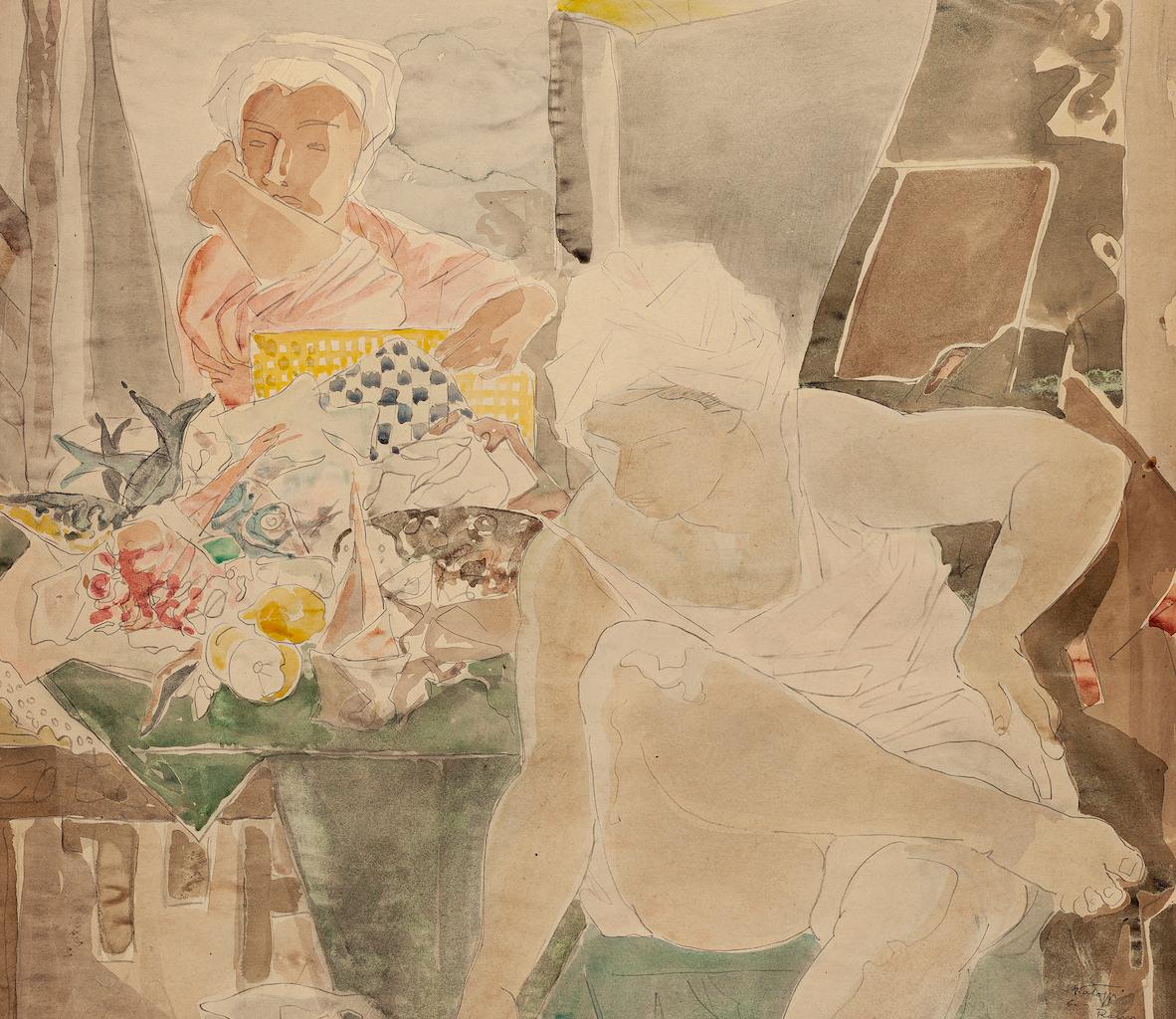 Women is an original drawing in mixed media on paper in 1960.

Hand-signed and dated on the lower right.

Conditions: aged and good except for some folding along the margins.

Here the artwork represents two women in harmonious colors. The artwork