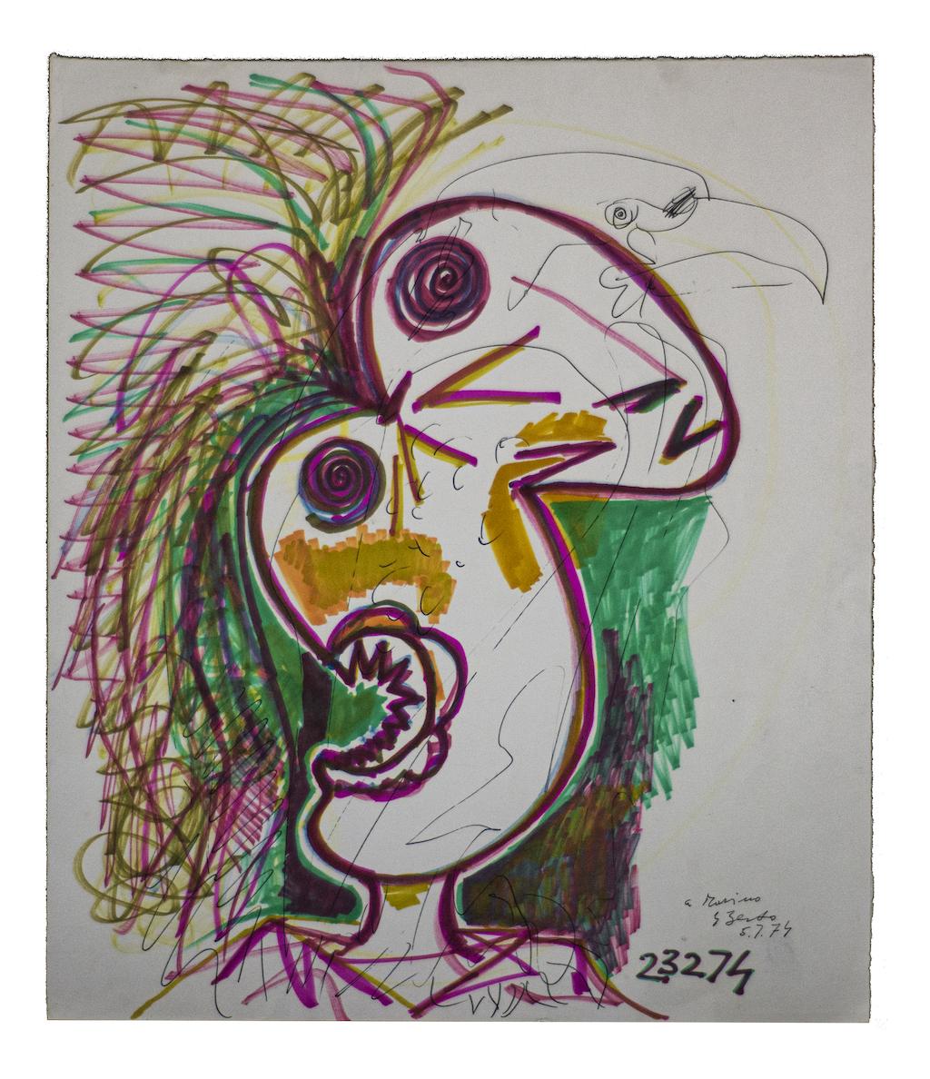 Der Paradiesvogel ist eine Originalzeichnung in Mischtechnik von Gian Paolo Berto aus dem Jahr 1974.

Gute Bedingungen.

Rechts unten handsigniert.

Inklusive Rahmen: 53.5 x 48

Das Kunstwerk stellt den Vogel durch kräftige Striche und fröhliche