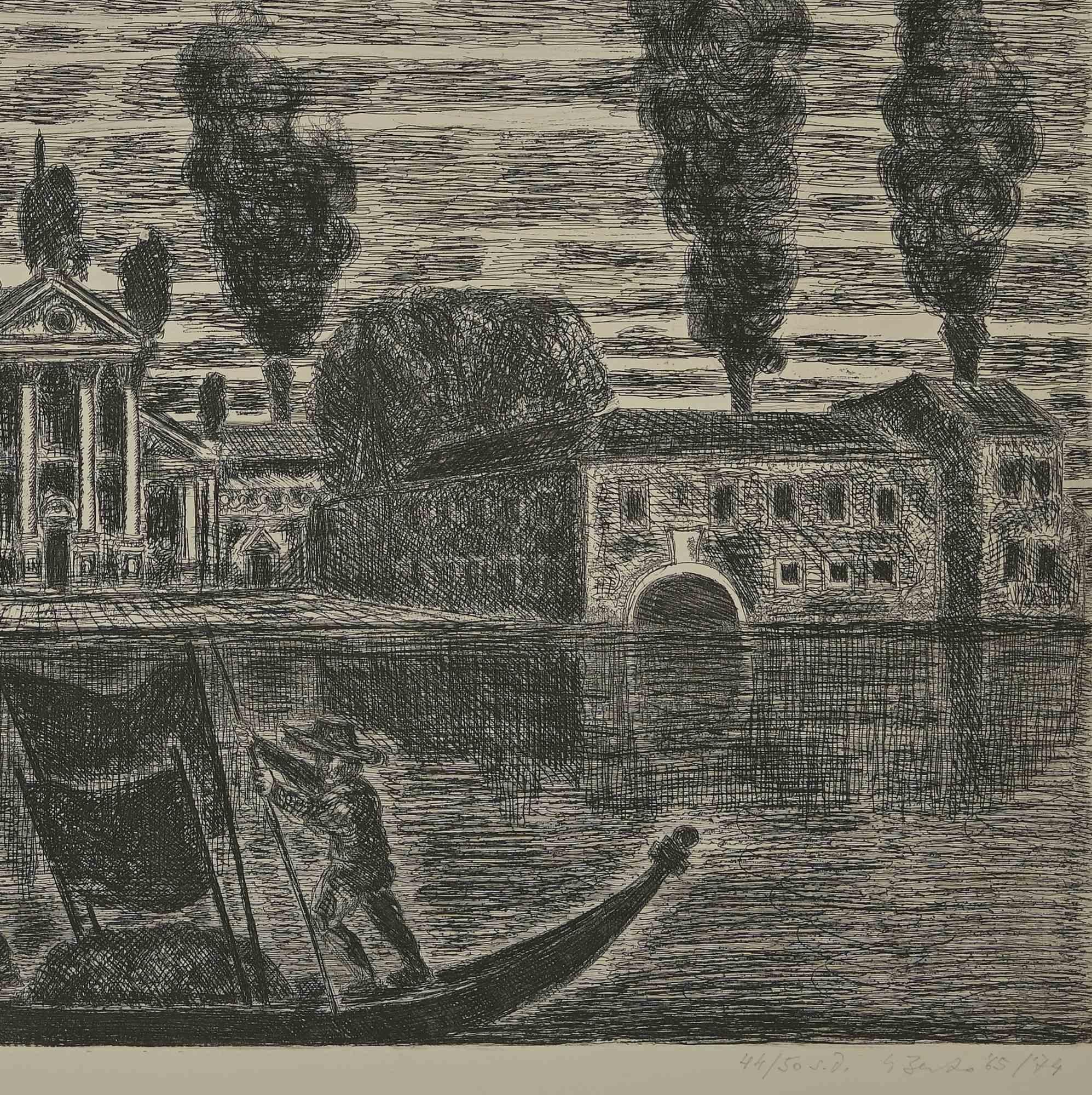 Gondoleros en Venecia - Aguafuerte de Gianpaolo Berto - 1974 en venta 1