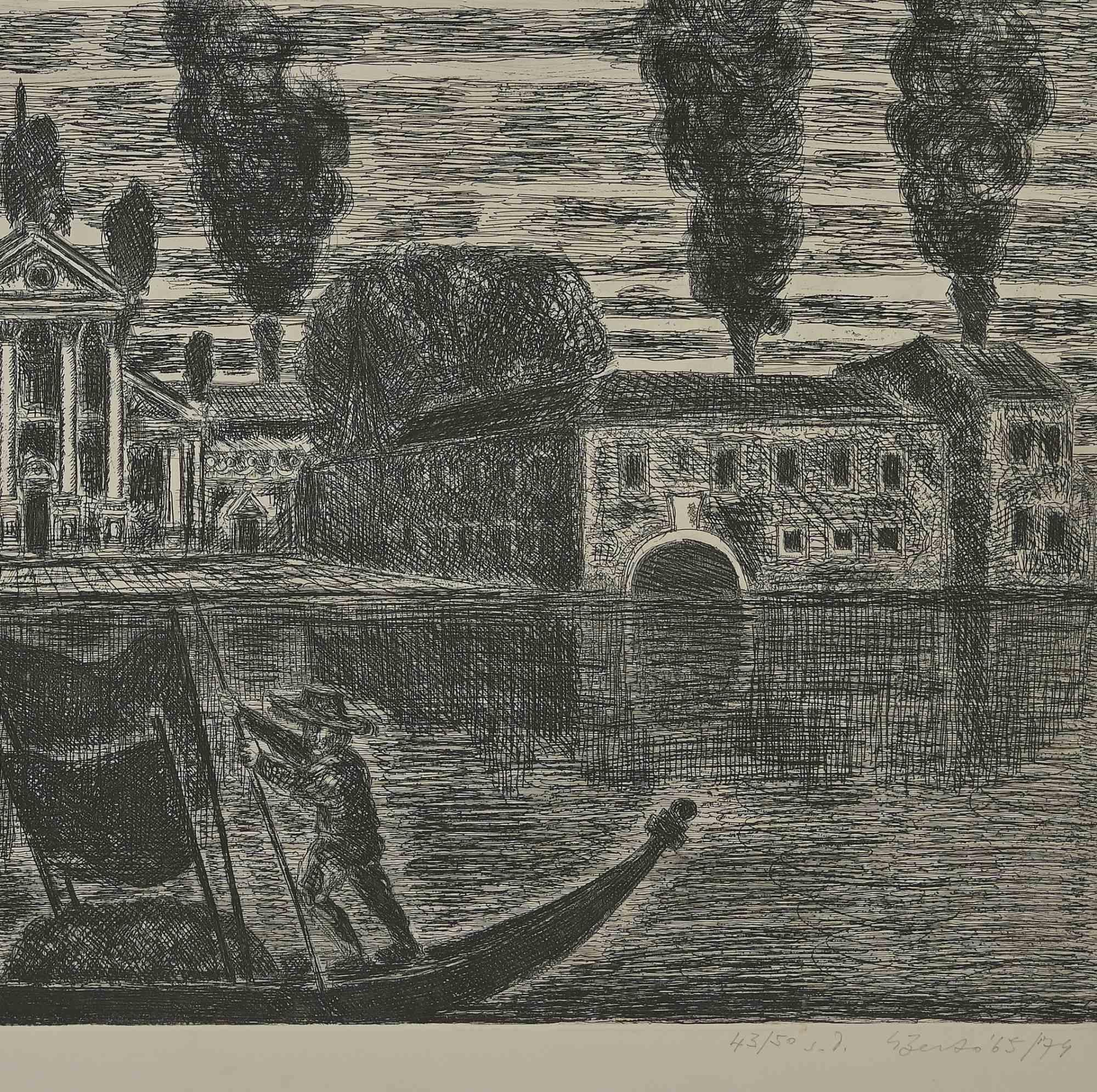 Gondoleros en Venecia - Aguafuerte de Gianpaolo Berto - 1974 en venta 1