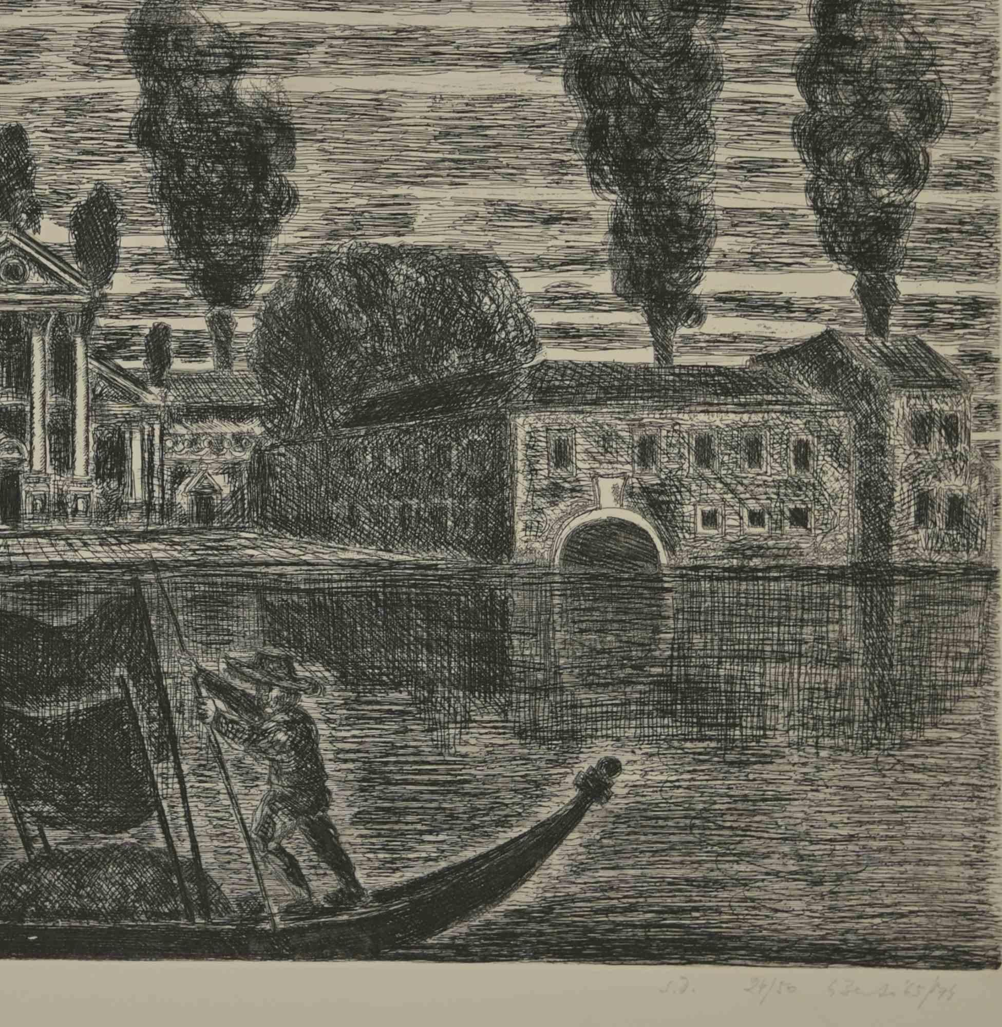 Gondoleros en Venecia - Aguafuerte de Gianpaolo Berto - 1974 en venta 1