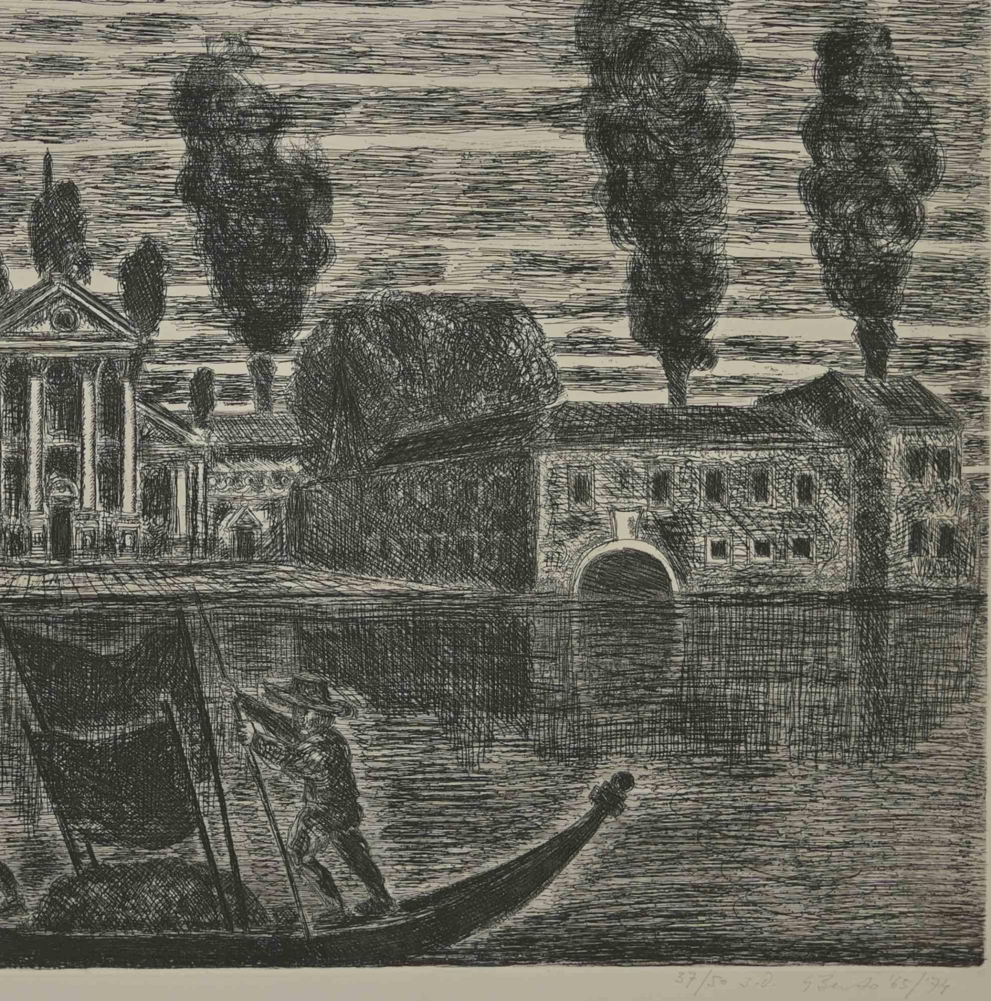 Gondoleros en Venecia - Aguafuerte de Gianpaolo Berto - 1974 en venta 1
