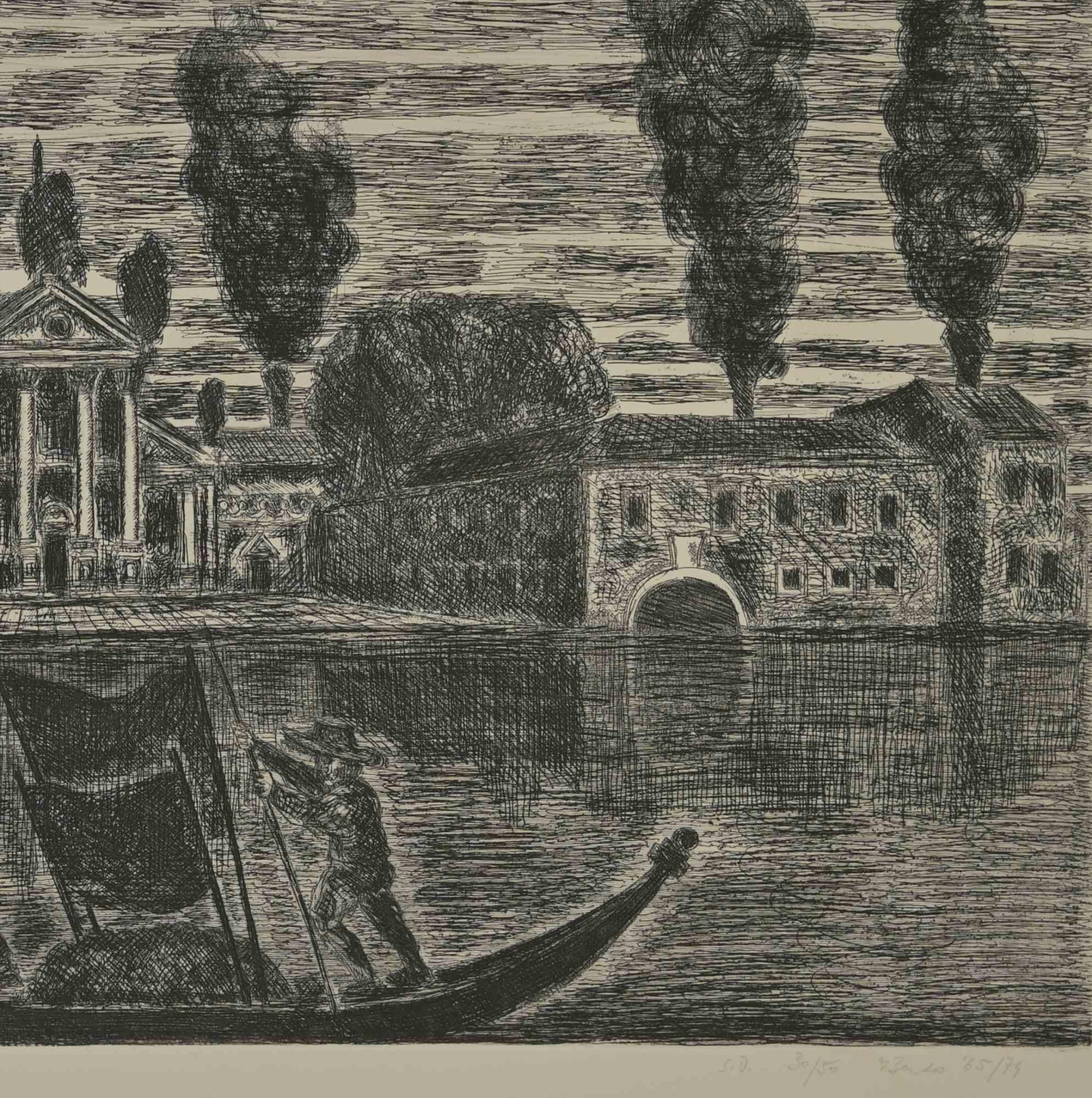 Gondoleros en Venecia - Aguafuerte de Gianpaolo Berto - 1974 en venta 1
