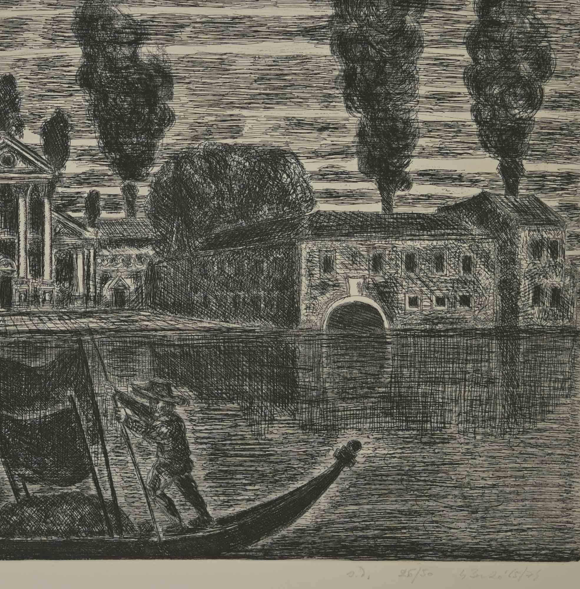 Gondoleros en Venecia - Aguafuerte de Gianpaolo Berto - 1974 en venta 1