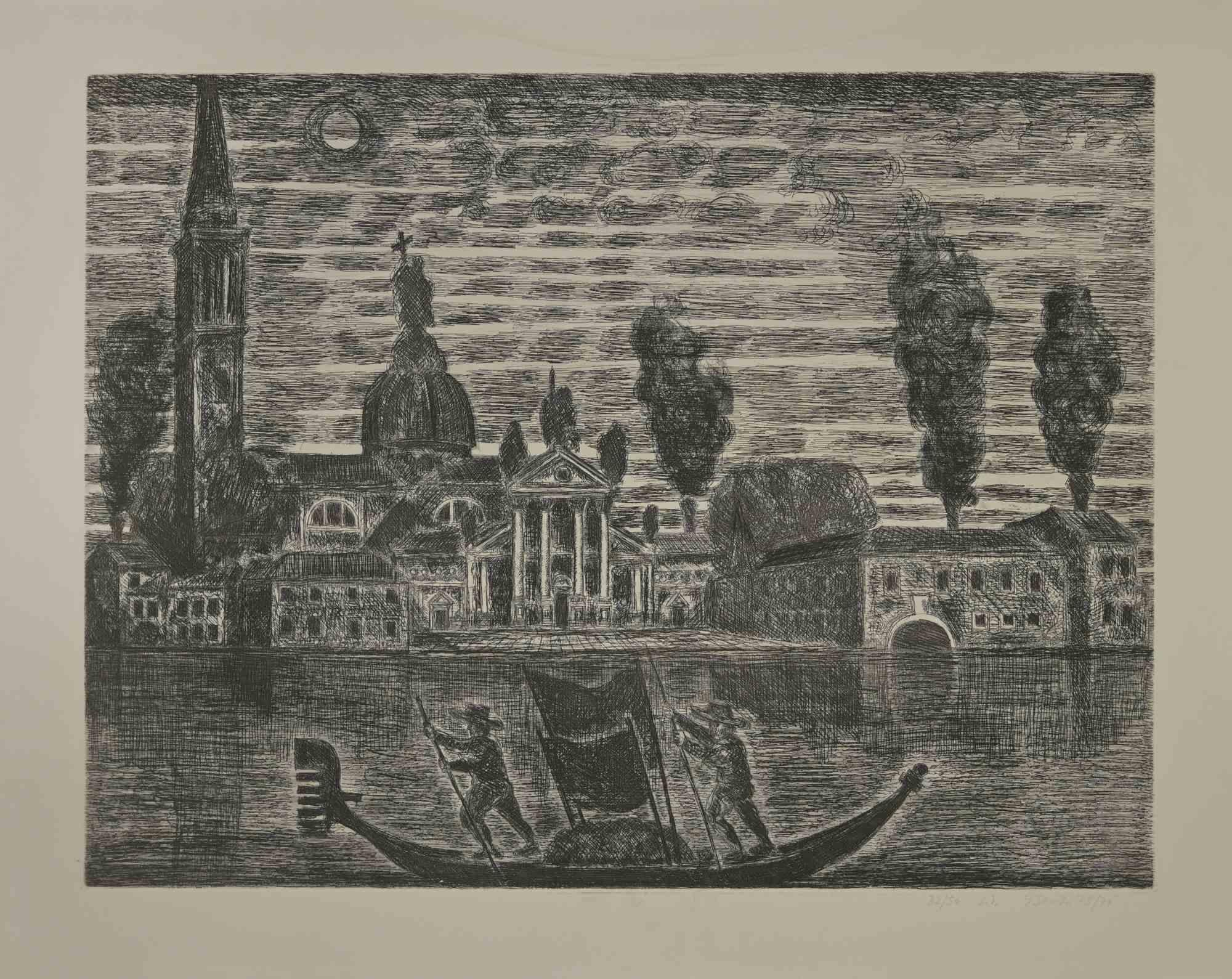 Gondoliers in Venice is an original etching realized by Gianpaolo Berto in 1974.

60 X 75 cm , no frame.

Edition 32/50. Numbered and firmed by the artist in the lower margin.

Good conditions.

 

Gianpaolo Berto (1940) was born and raised in the