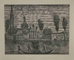 Gondoleros en Venecia - Aguafuerte de Gianpaolo Berto - 1974